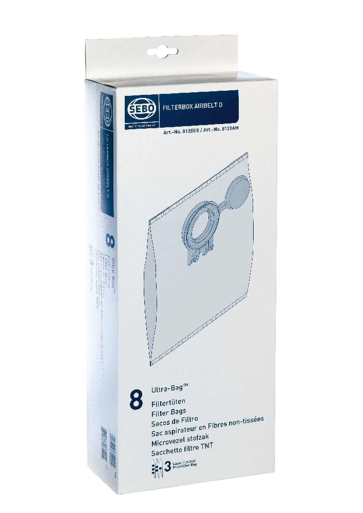 Weiße Box mit Staubsaugerfilterbeuteln. Enthält den Text FILTERBOX AIRBELT D.
