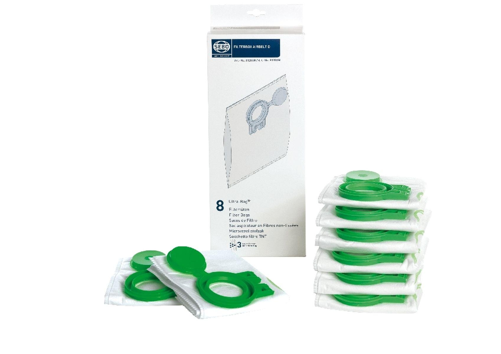 Staubsaugerbeutel im Paket, mit zusätzlichen Beuteln und grünen Ringen.