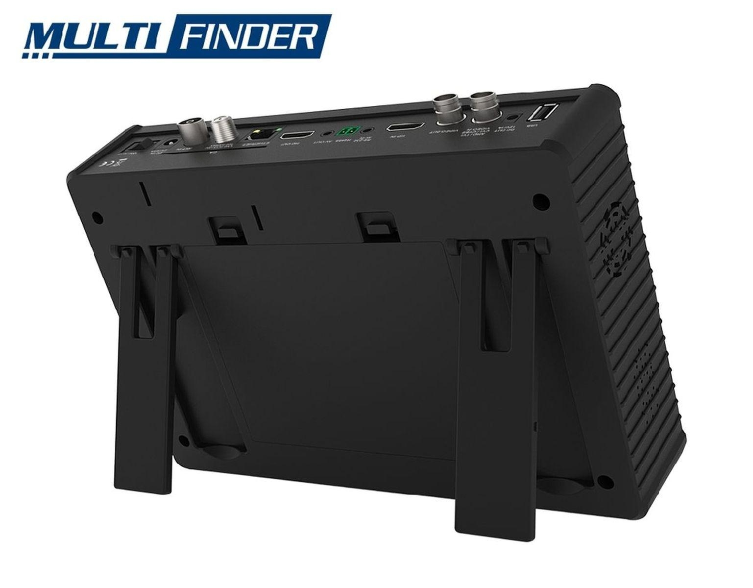 Ein schwarzes Multi Finder Gerät mit Stützbeinen, vor weißem Hintergrund.