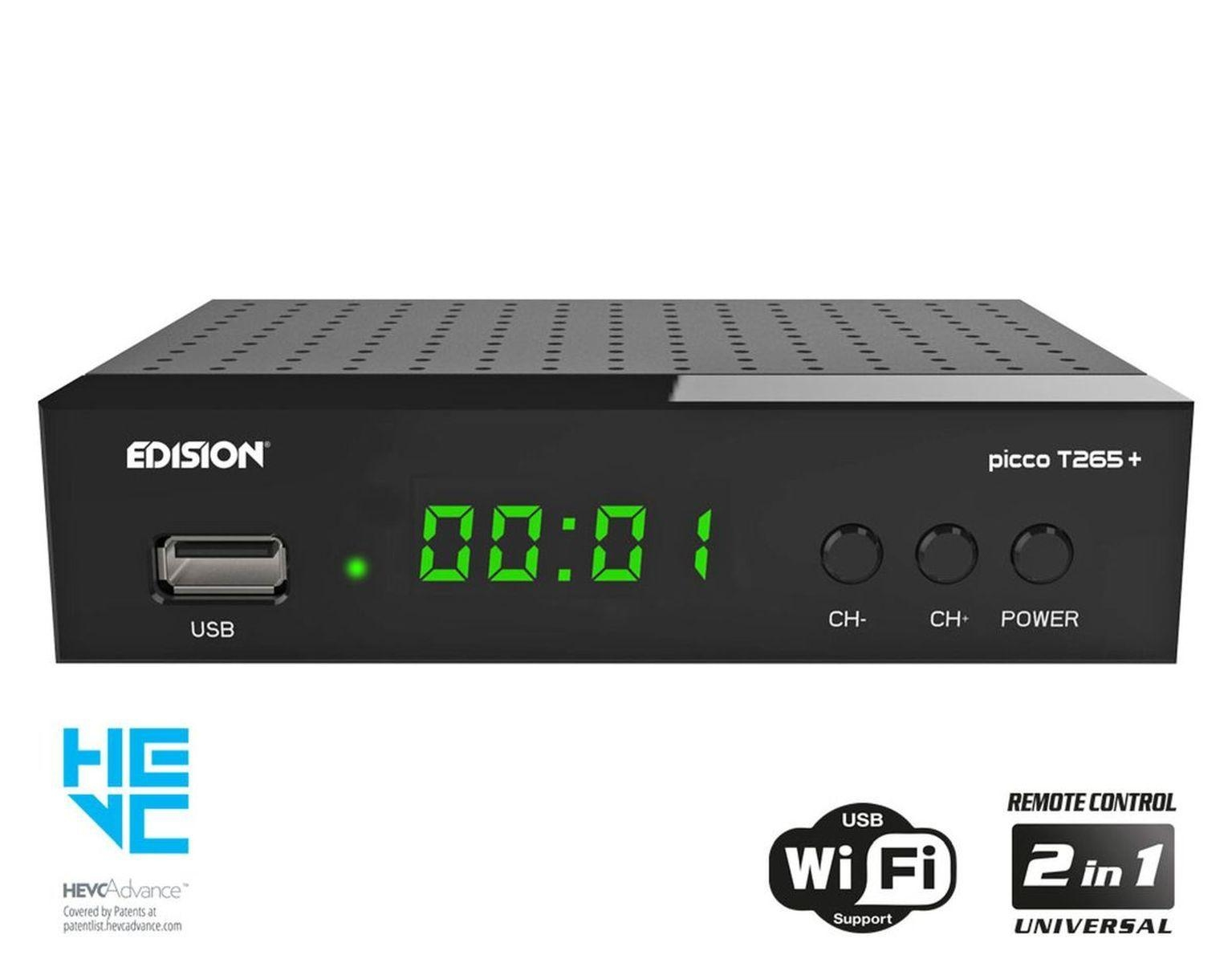 Schwarzer picco T265+ Receiver mit grüner Anzeige, USB und Wi-Fi-Unterstützung.