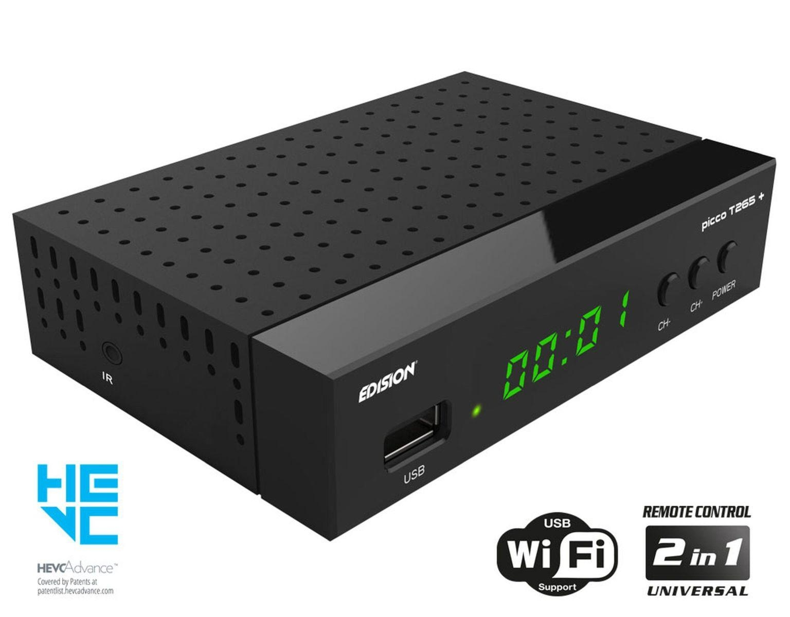 Schwarze Set-Top-Box mit Digitalanzeige und Beschriftungen, mit USB- und Wi-Fi-Symbolen.
