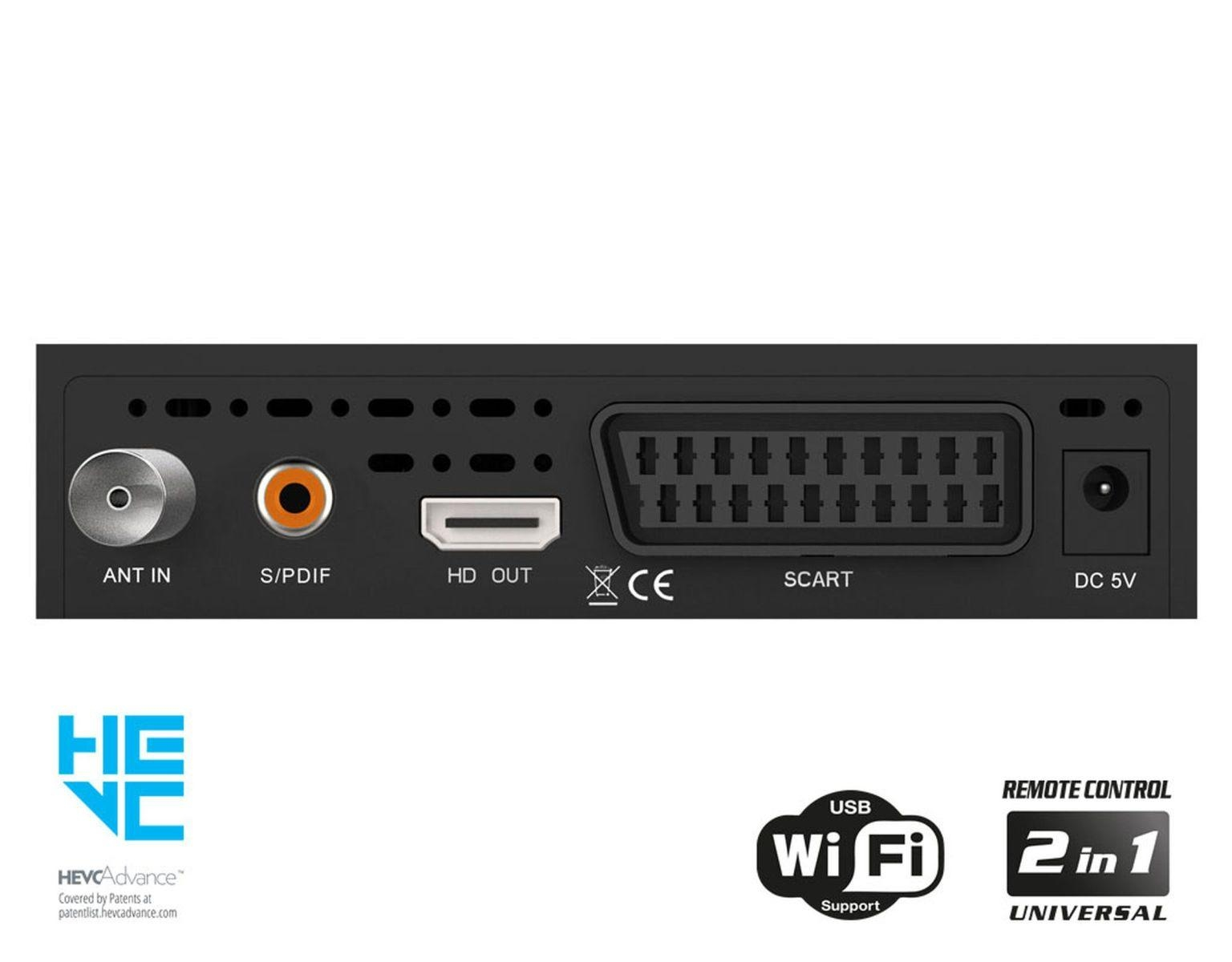 Rückseite eines schwarzen Geräts mit Anschlüssen: ANT IN, S/PDIF, HD OUT, SCART, DC 5V.