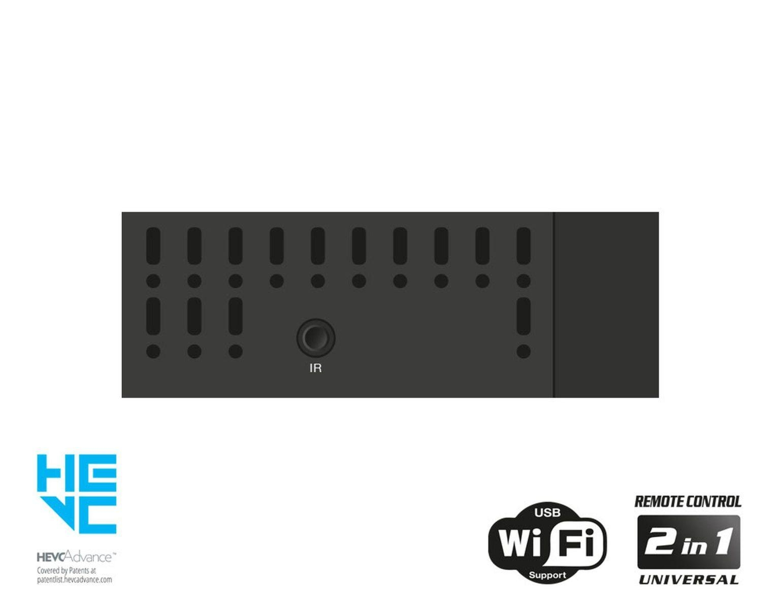 Schwarzes elektronisches Gerät mit mehreren Anschlüssen und einem IR-Anschluss. Logos für USB, WiFi und Fernbedienung.