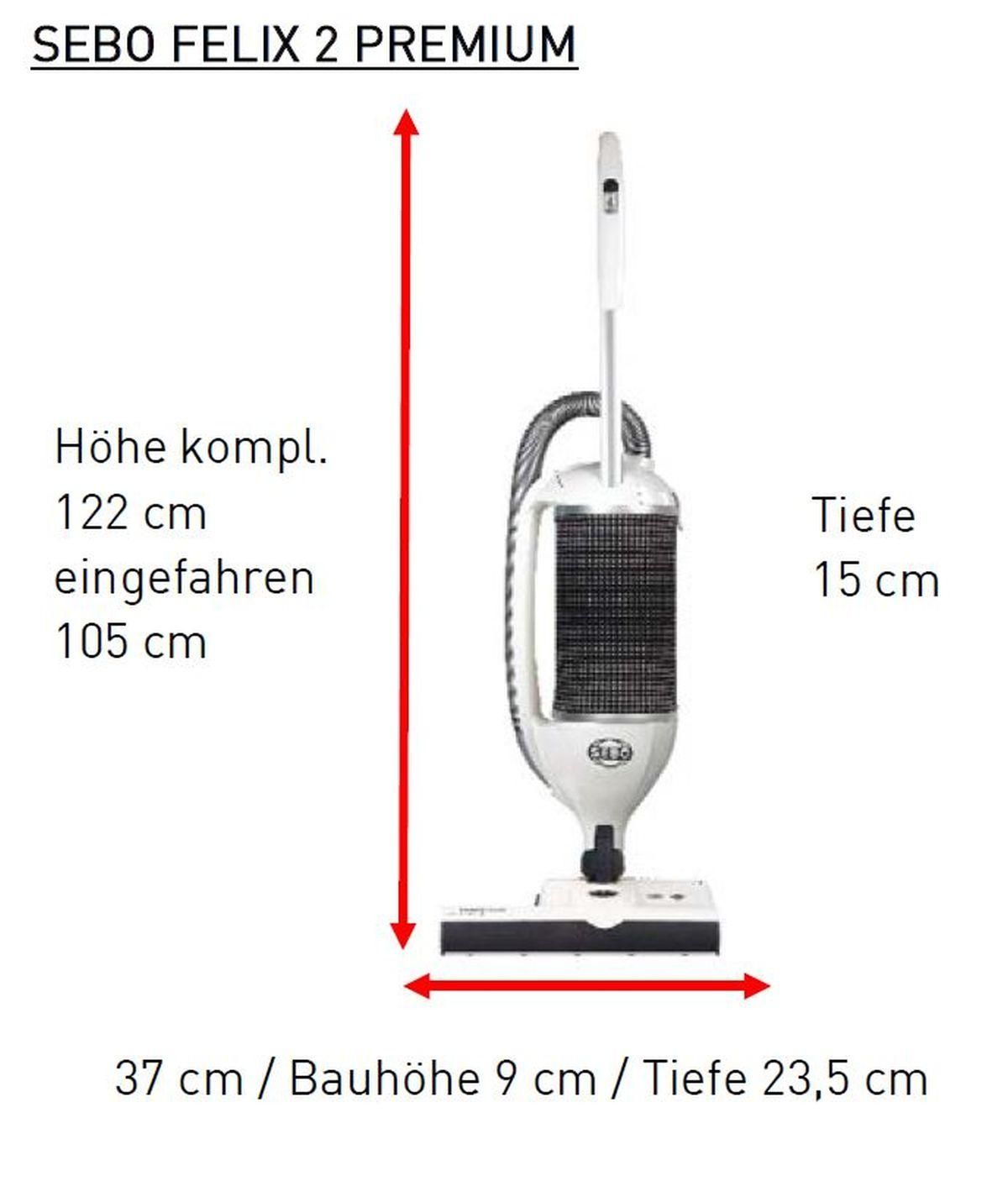 Aufrechter Staubsauger mit Maßangaben. Weißer Hintergrund.