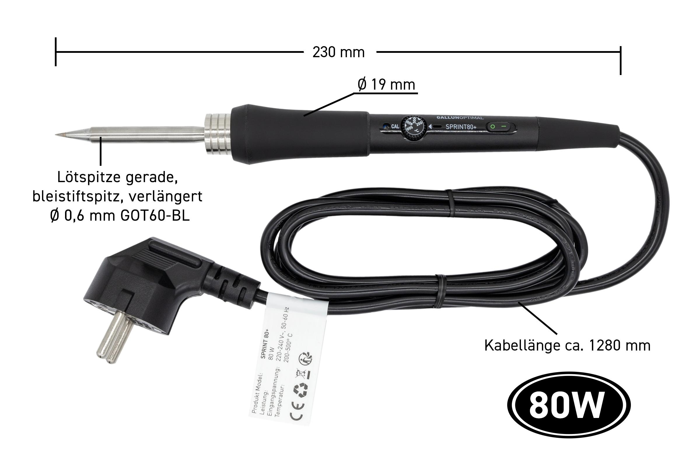 Lötkolben mit schwarzem Griff, Kabel und Stecker, mit Maßangaben.