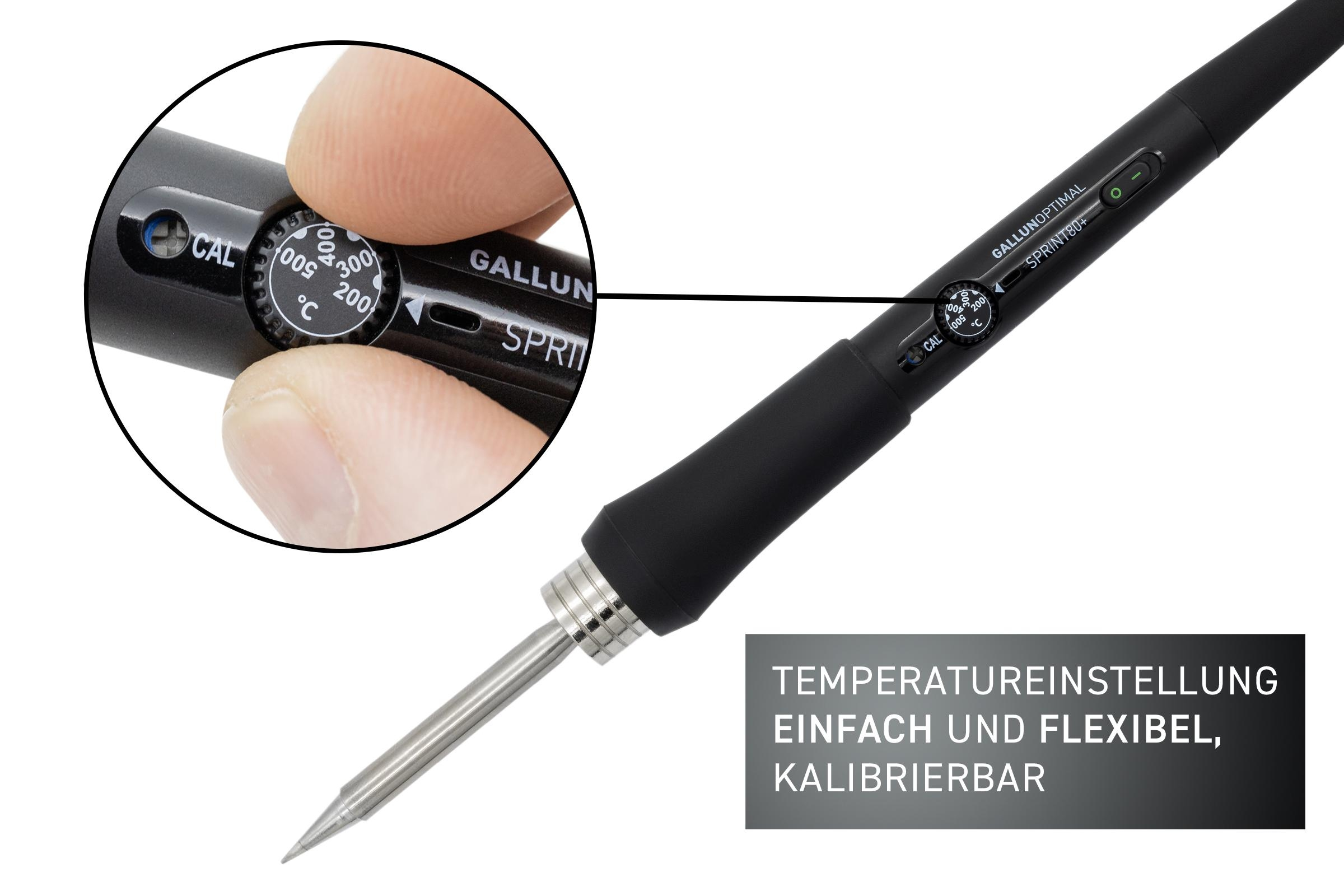 Nahaufnahme eines Lötkolbens, mit Temperaturregler und Spitze. Der Griff ist schwarz.
