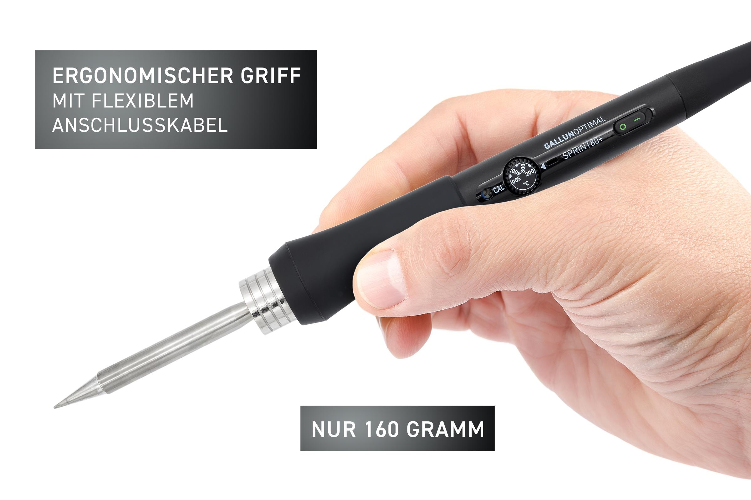 Die Hand einer Person, die einen Lötkolben hält. Text sagt 'Ergonomischer Griff', '160 Gramm' und weitere Details.