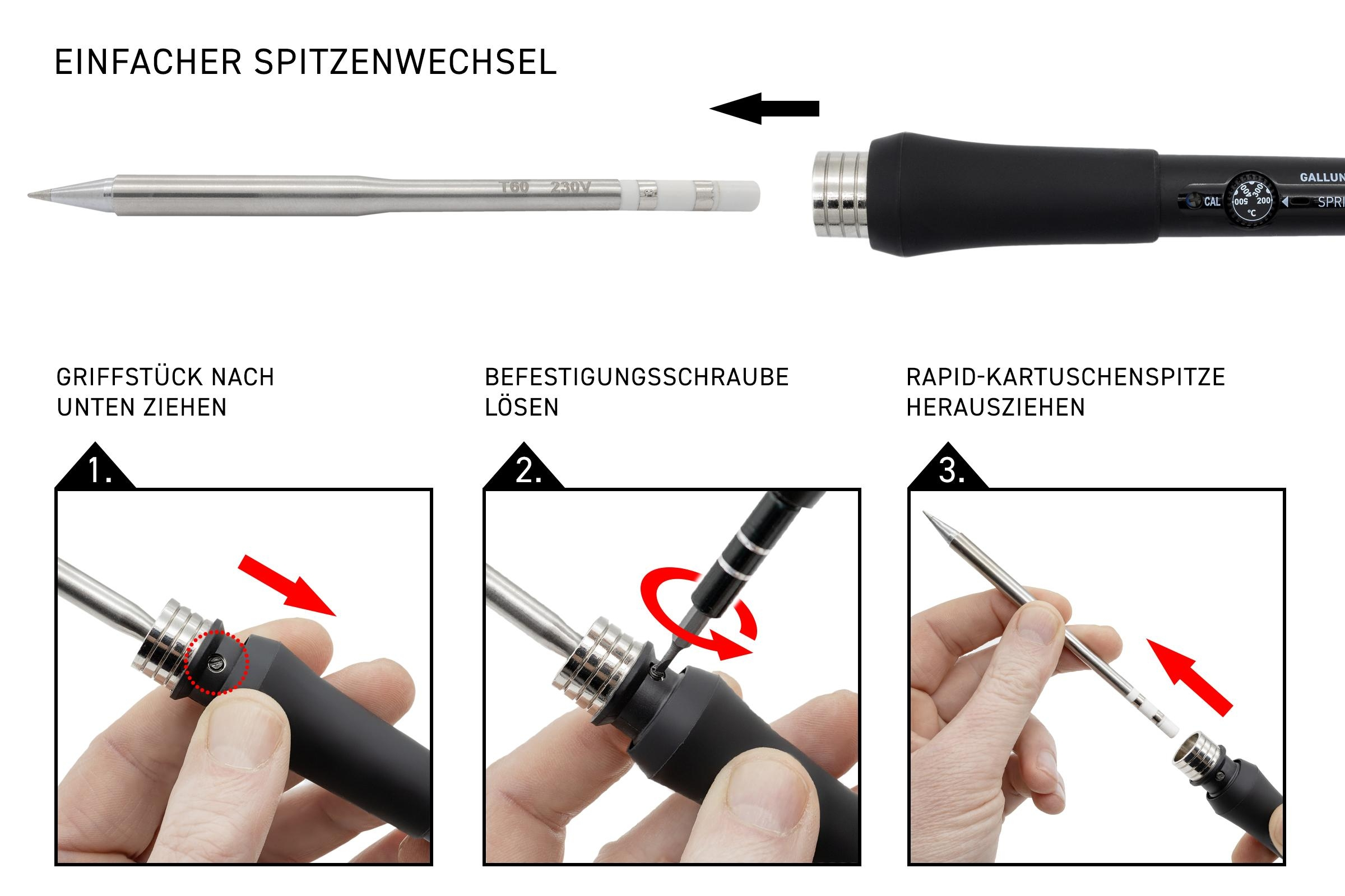 Anleitung zum Austausch der Lötspitze. Zeigt die schrittweise Demontage.