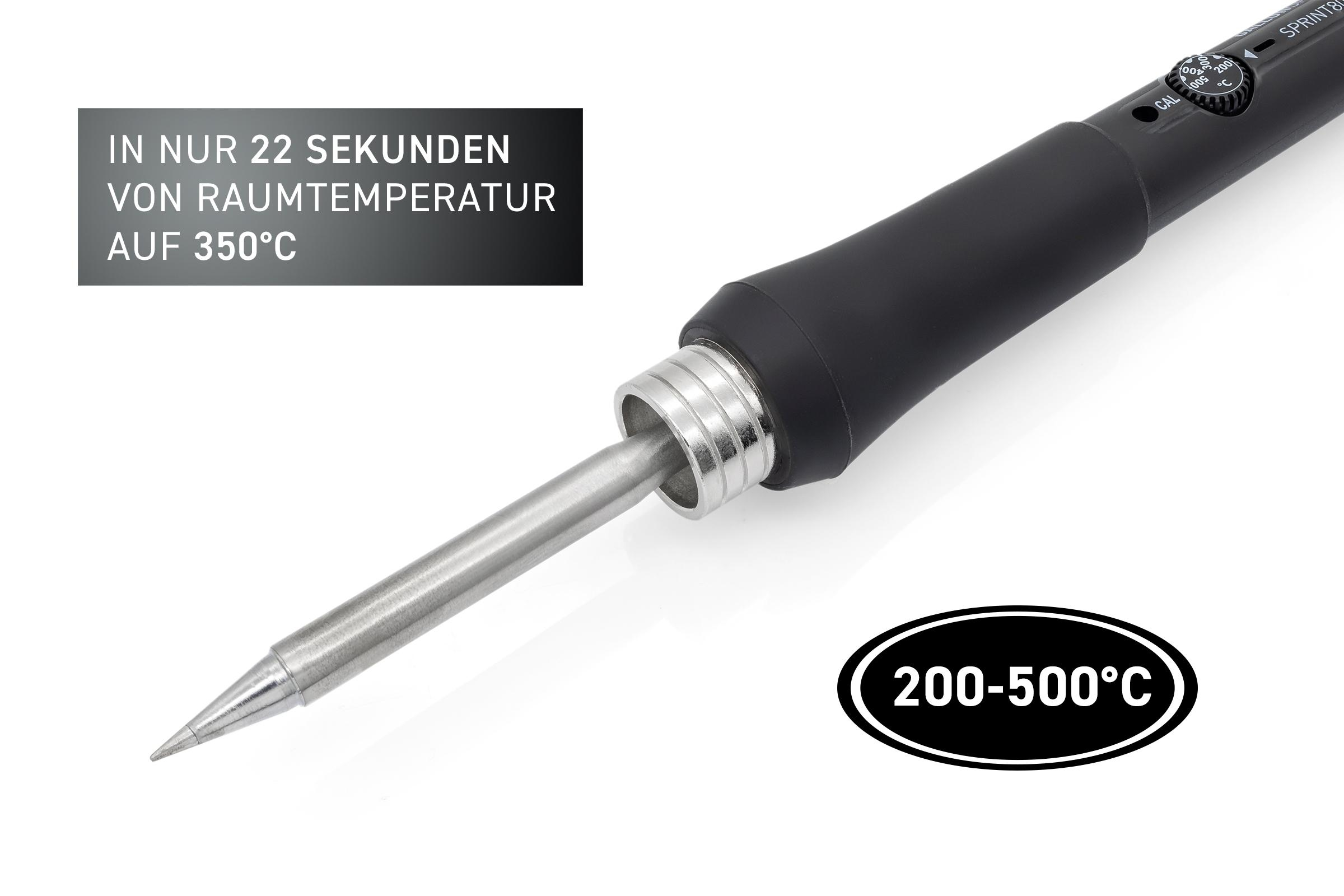 Lötkolben mit Temperaturbereich und Text: 'In nur 22 Sekunden'.