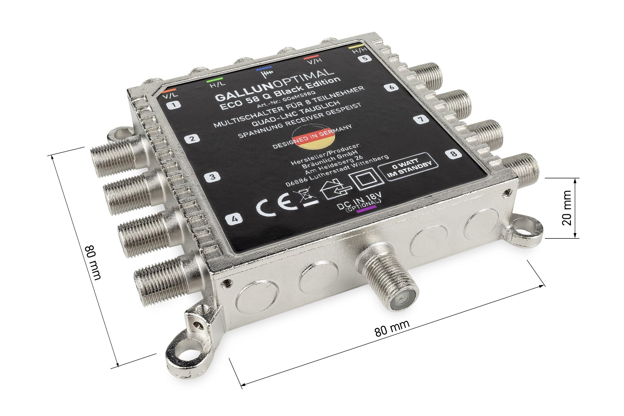Ein schwarzer Multiswitch mit silbernen Anschlüssen, beschriftet mit Nummern und Spezifikationen.