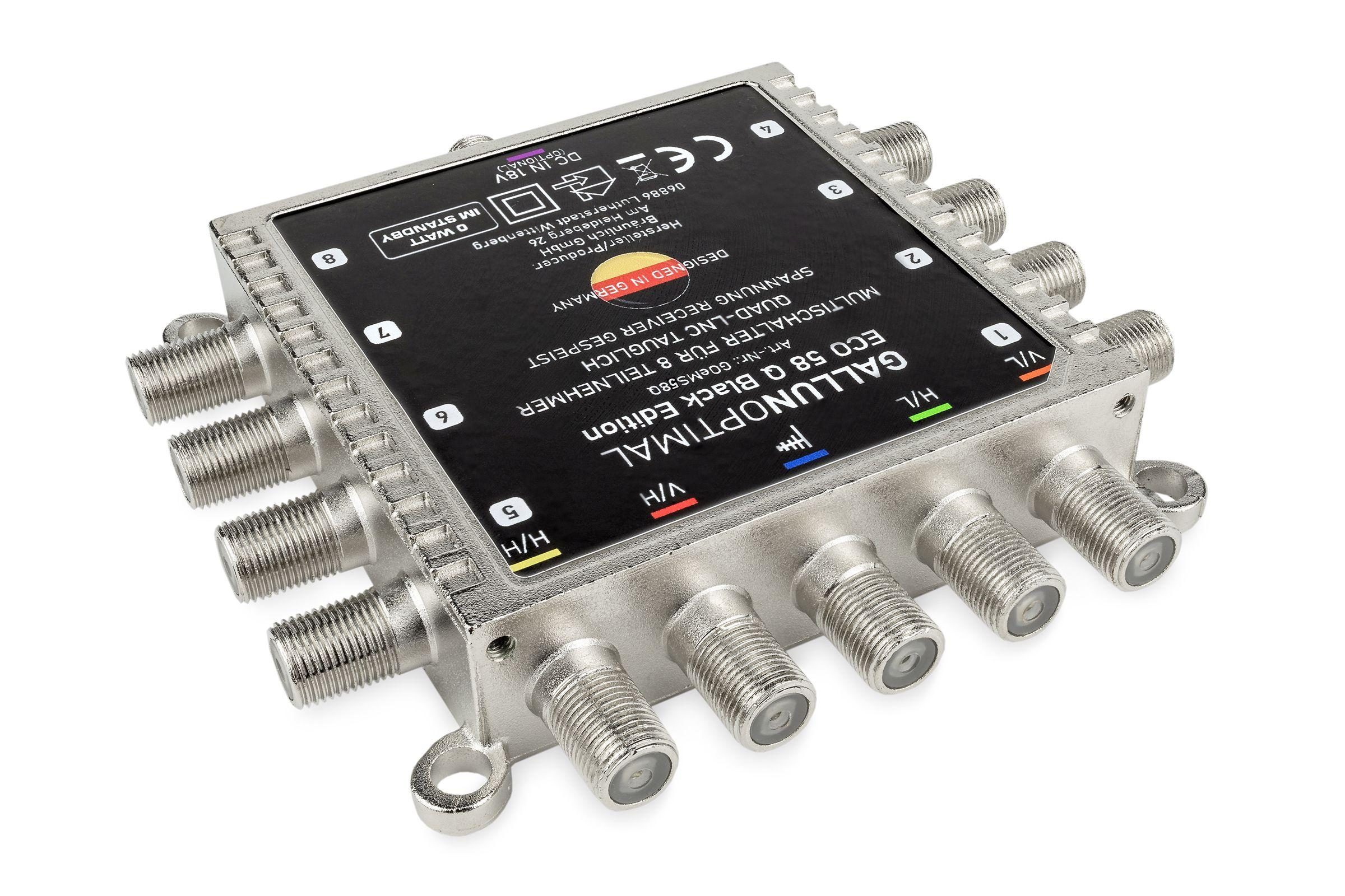 Metallischer Multiswitch mit mehreren Ein- und Ausgängen, schwarzes Etikett oben.