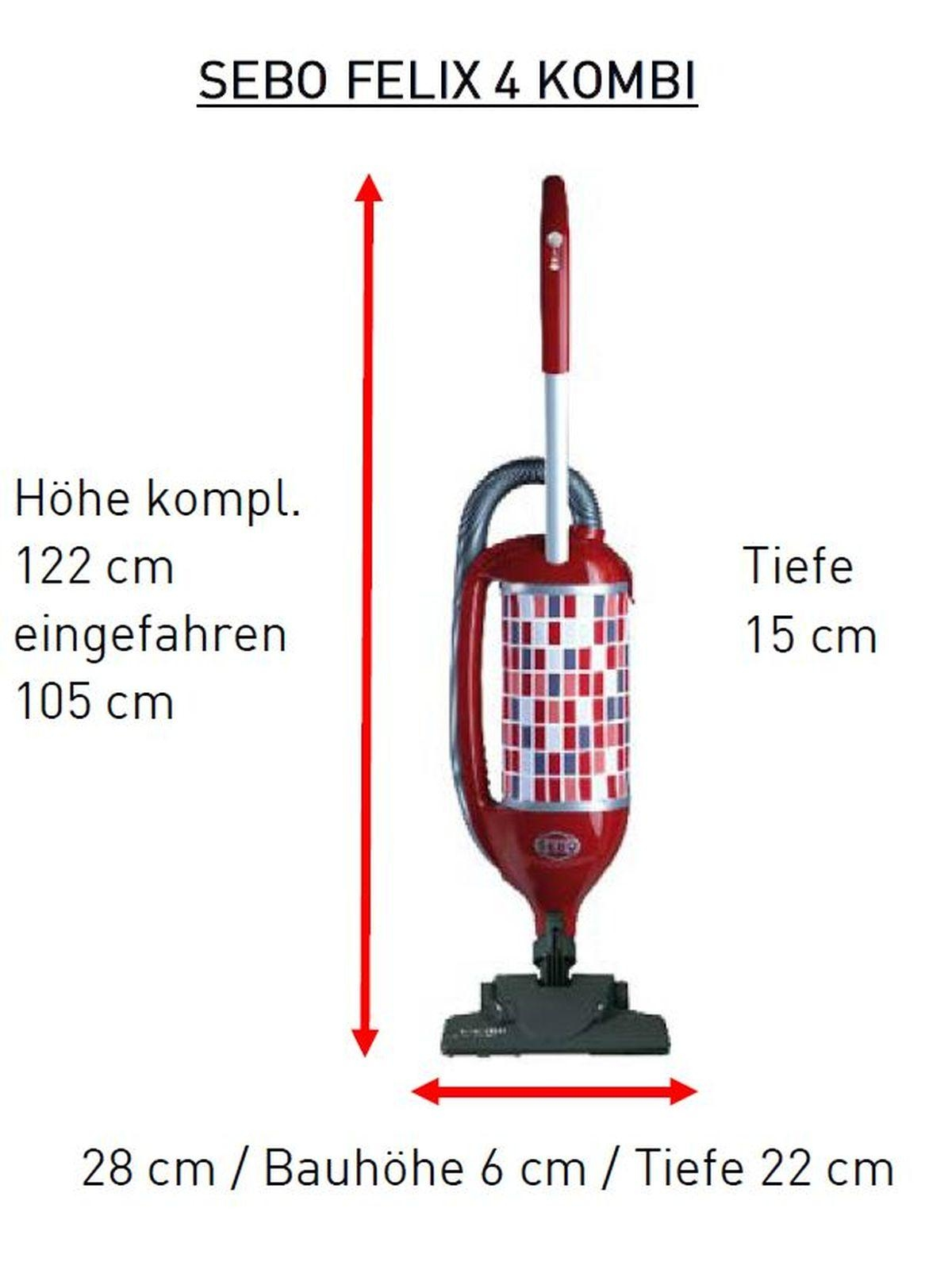 Roter und weißer Staubsauger mit Abmessungen und Textbeschriftungen auf weißem Hintergrund.
