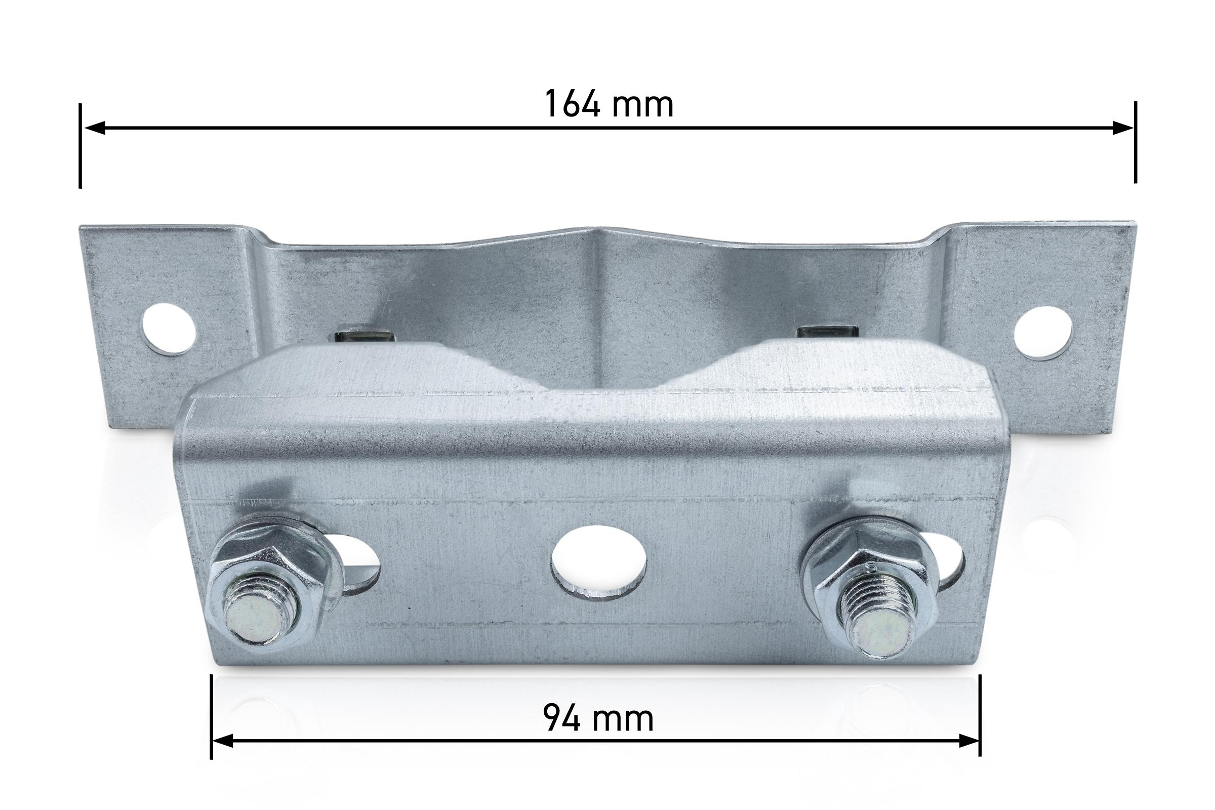 Eine Metallhalterung mit zwei Bolzen und Muttern, mit Messungen von 164 mm und 94 mm.