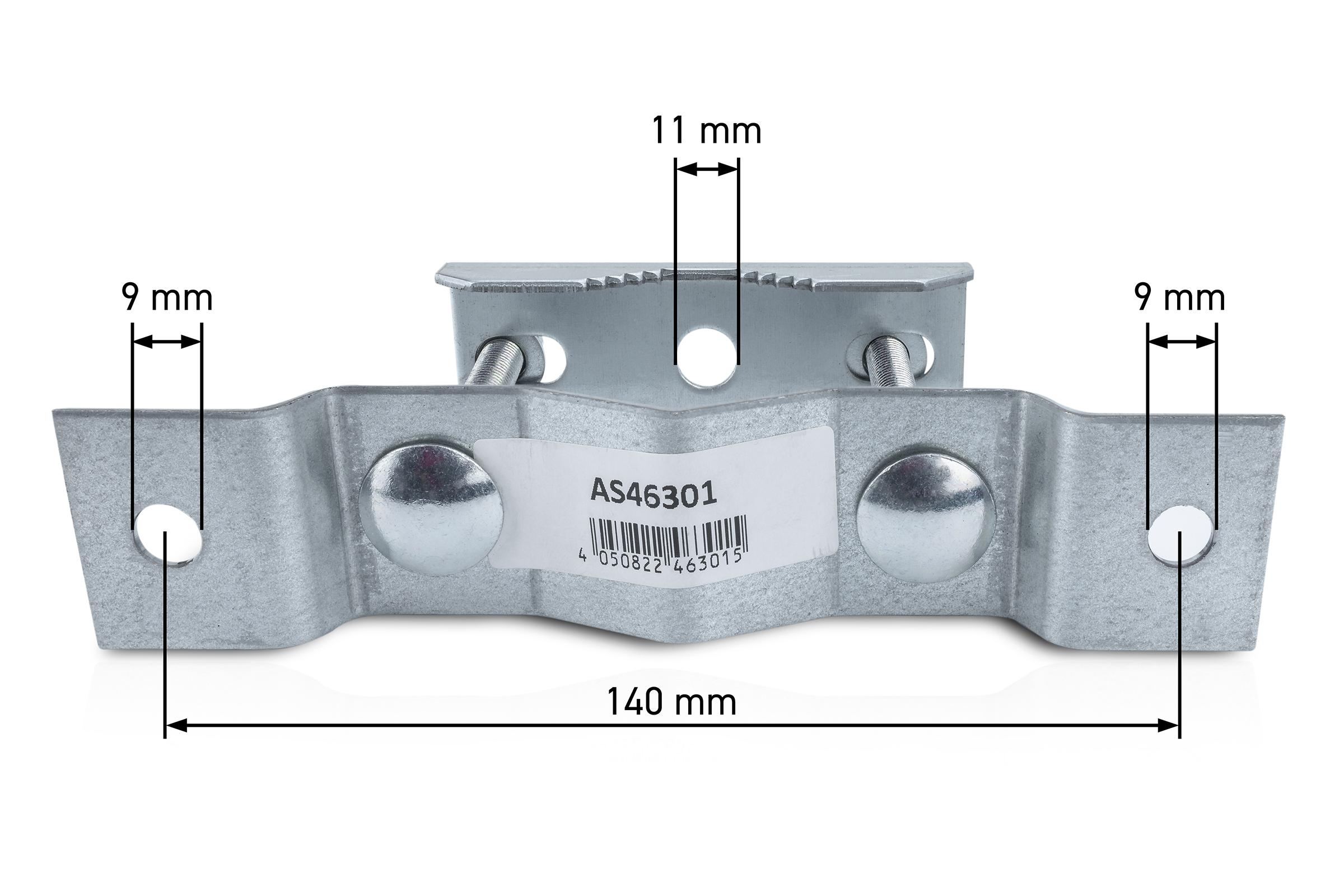 Eine Metallhalterung mit in mm angegebenen Abmessungen. Es hat Löcher und ist mit Zahlen beschriftet.