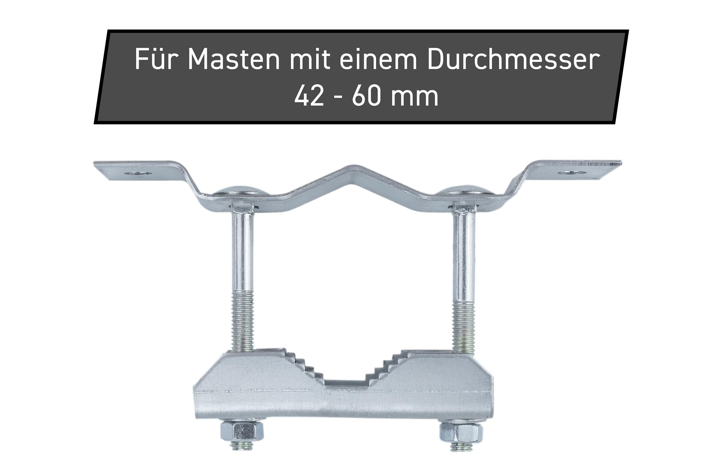 Metallmastbefestigung mit Text 'Für Masten mit einem Durchmesser 42 - 60 mm'.