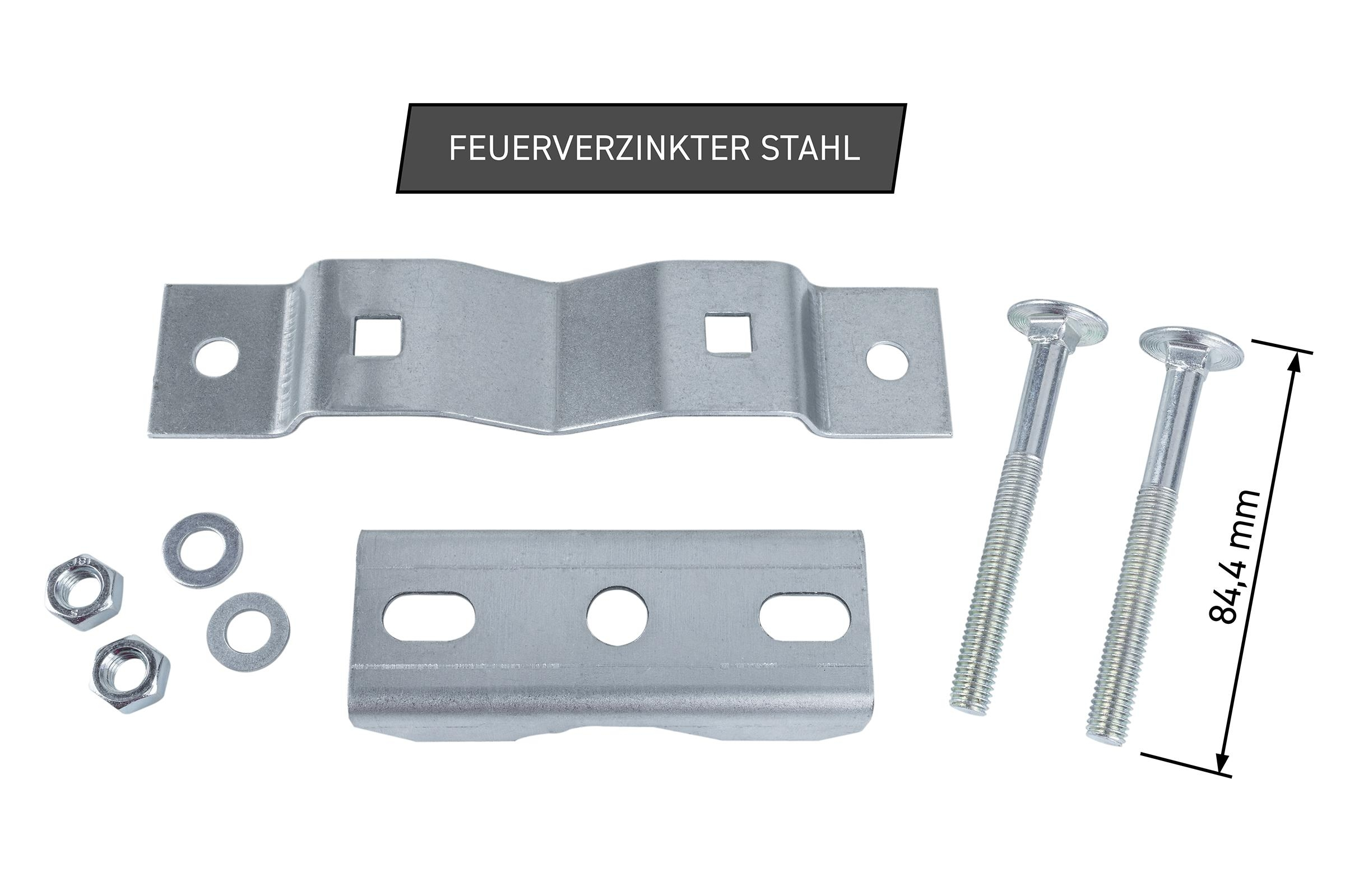 Metallhalterungen, Bolzen, Muttern und Unterlegscheiben. Das Etikett lautet 'Feuerverzinkter Stahl'.