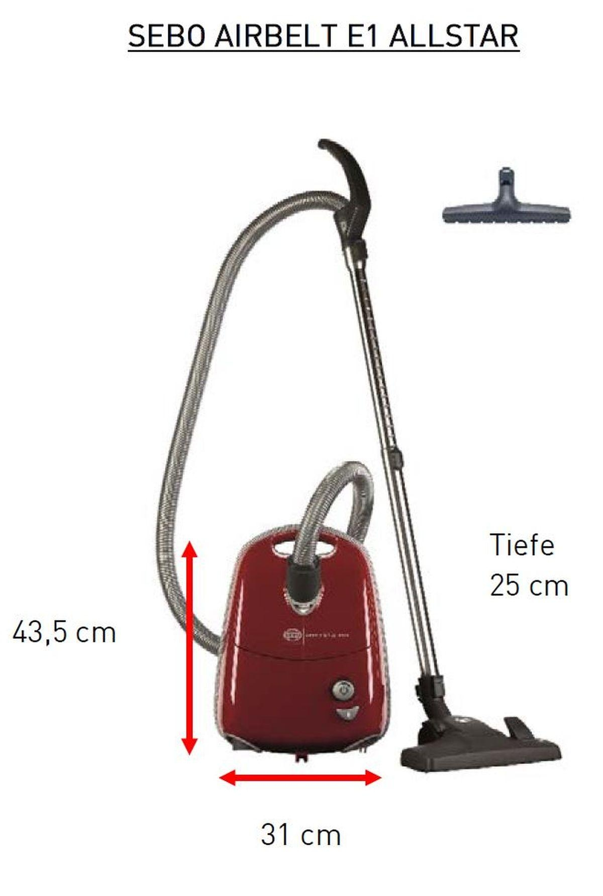 Roter Staubsauger mit Maßen, Schlauch und Düse auf weißem Hintergrund.