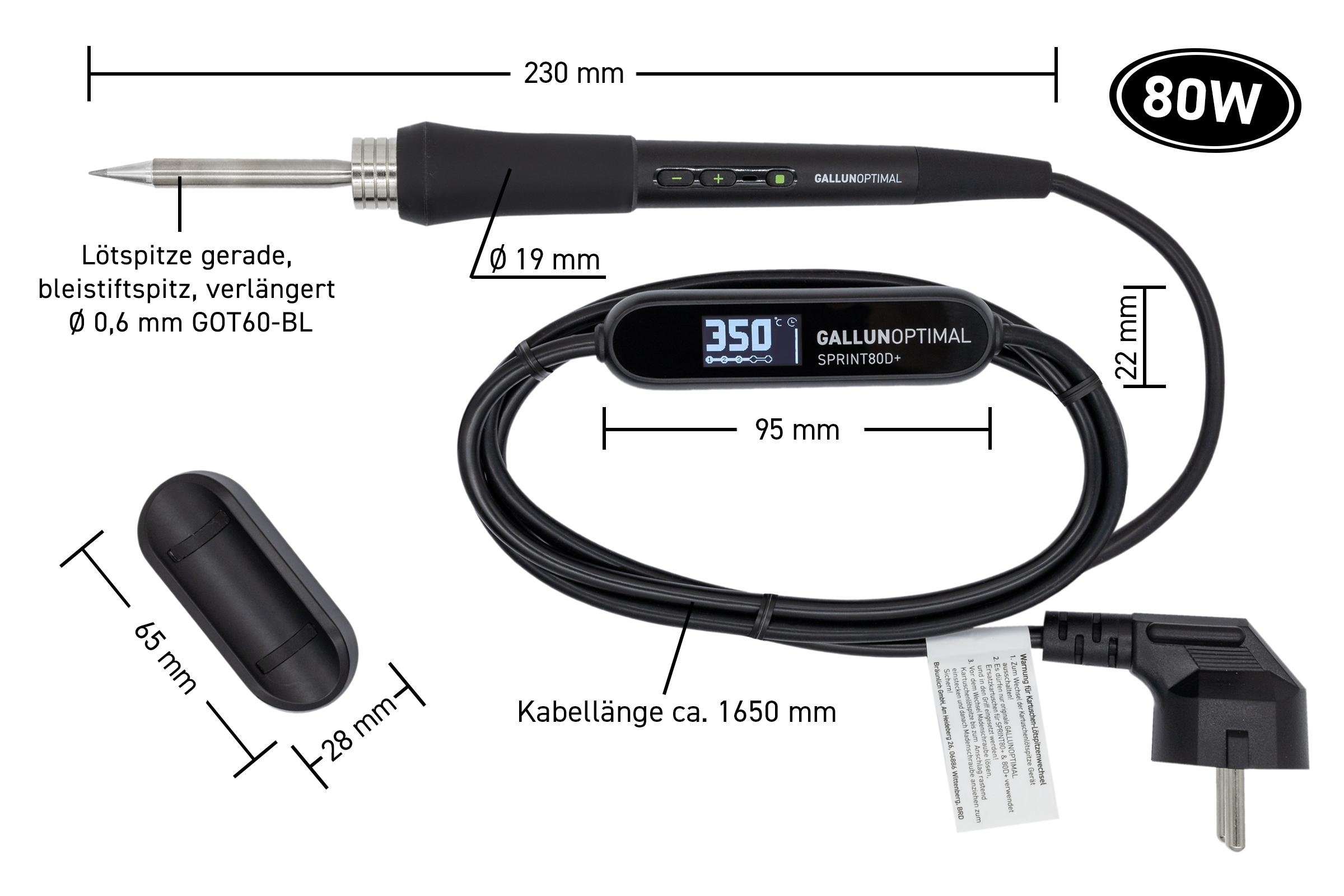Ein Lötkolben mit Maßen und Beschriftungen. Das Eisen ist schwarz mit langem Kabel.