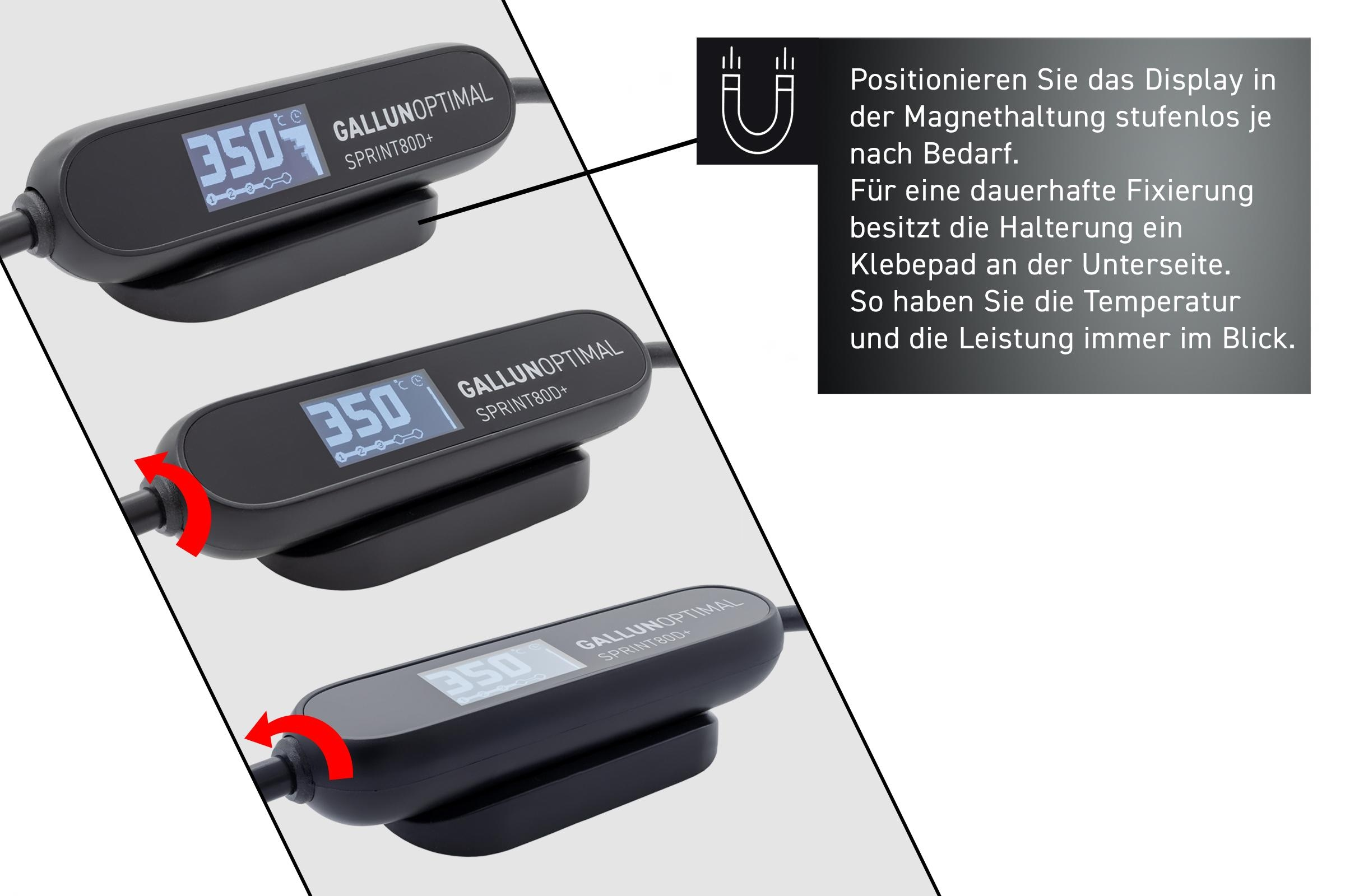 Drei Ansichten eines schwarzen Geräts, GALLUNOPTIMAL SPRINT800+, mit Temperaturanzeige.
