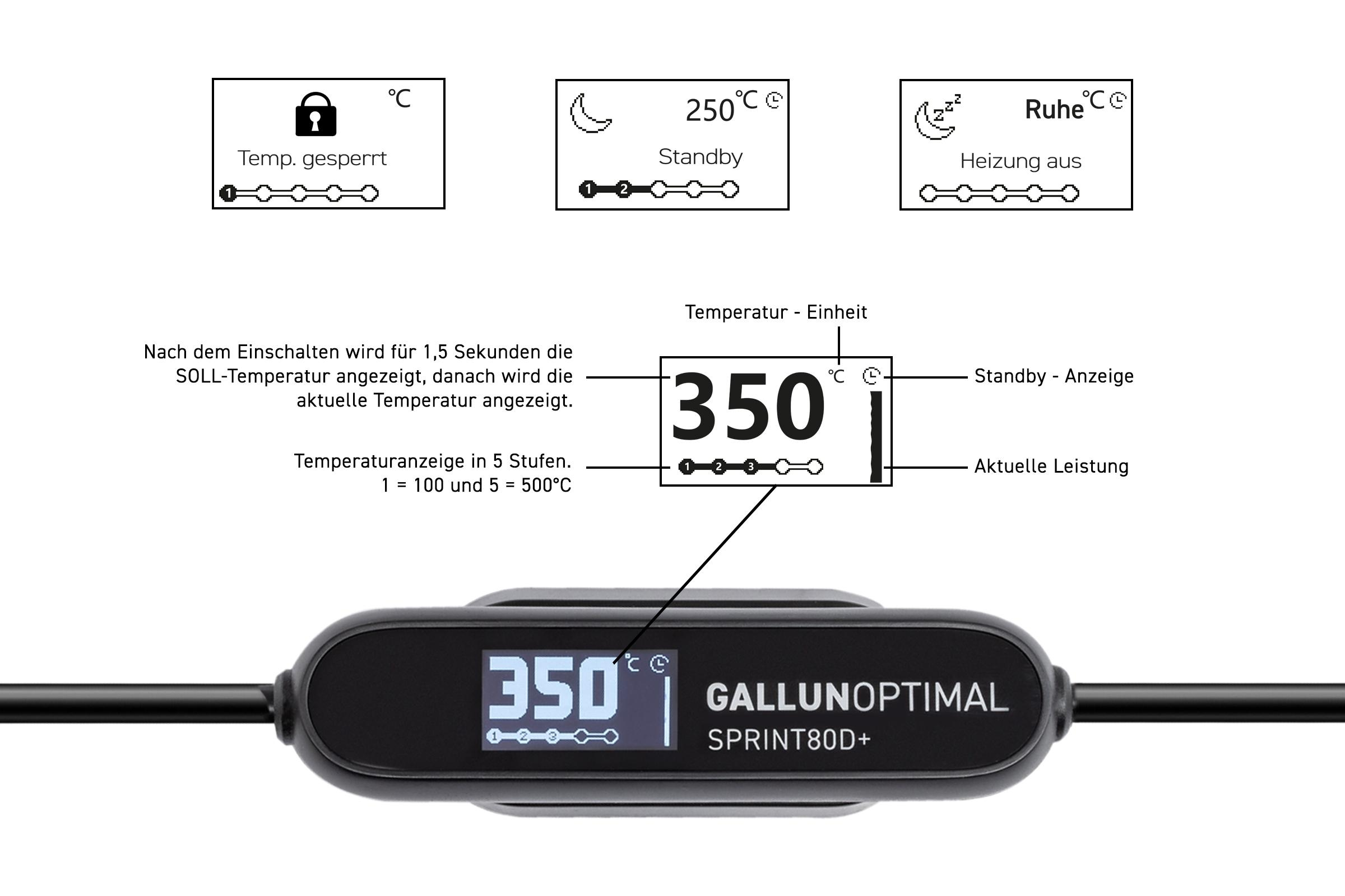Ein schwarzes Gerät mit Display, das Temperatureinstellungen und ein Kabel zeigt.