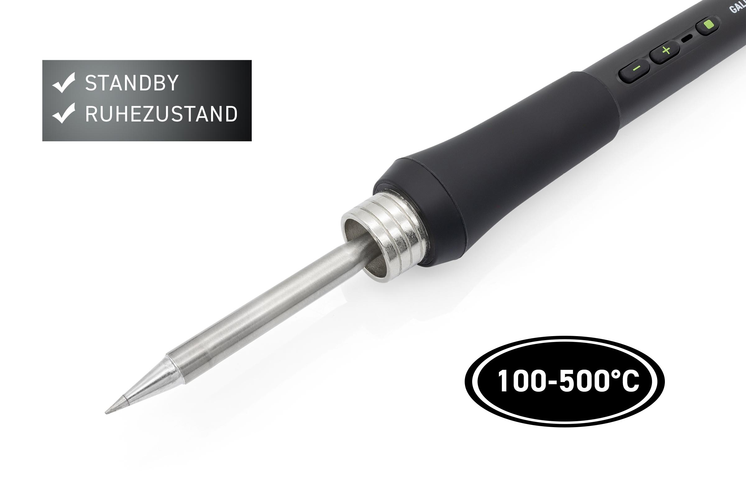 Lötkolben mit schwarzem Griff. Die Spitze ist spitz. Zeigt 100-500°C Temperatur.