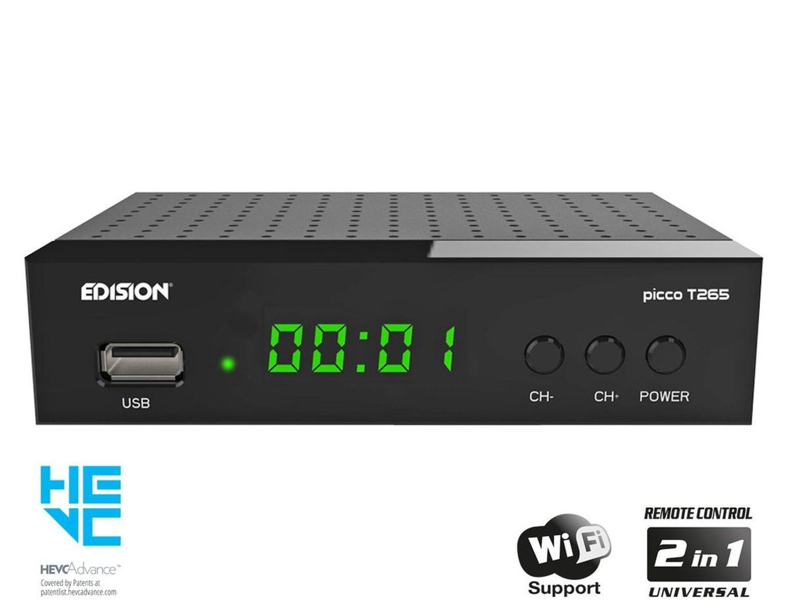 Schwarze Set-Top-Box mit grünem Display. Mit USB-Anschluss und Tasten. Logo: Edision. WLAN, Fernbedienung Symbole.