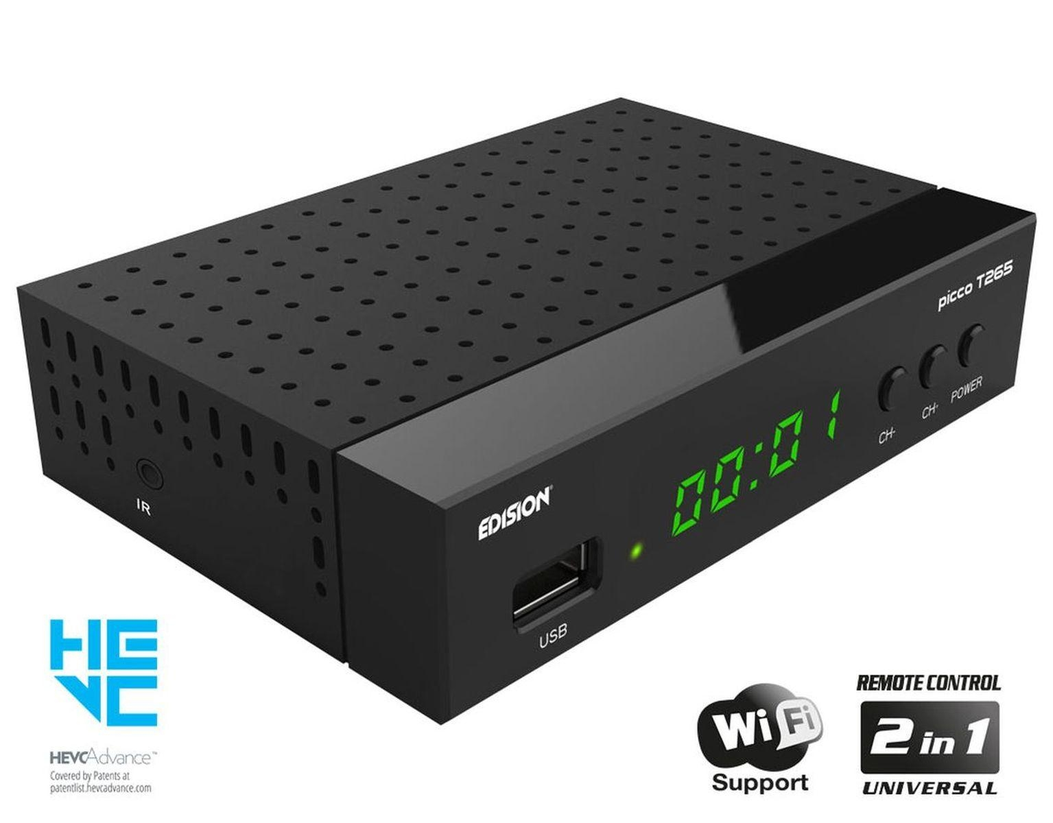 Schwarze Set-Top-Box mit digitaler Anzeige, die Zeit und verschiedene Eingänge anzeigt.