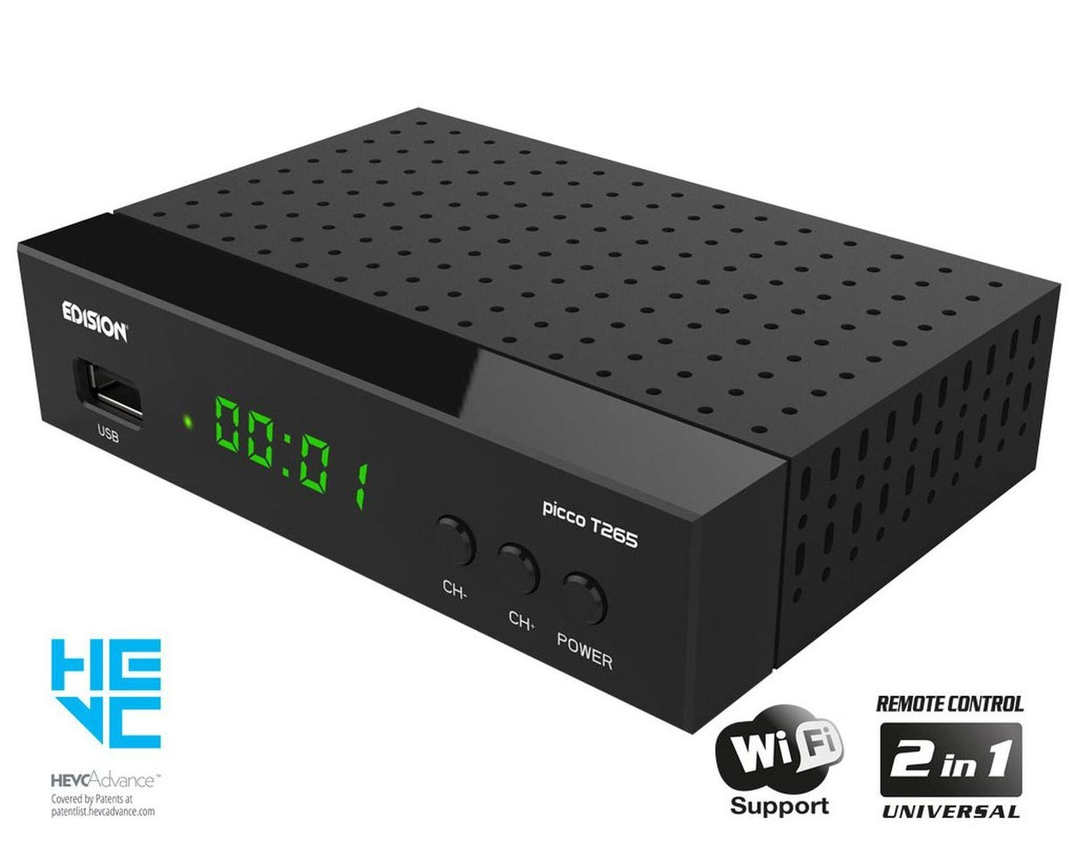 Eine schwarze digitale TV-Box mit grüner Digitalanzeige. Sie hat USB, WiFi und andere Etiketten.