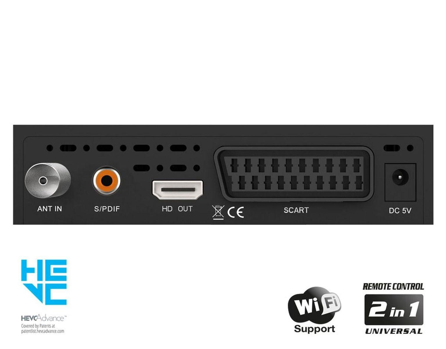 Rückseite einer schwarzen Set-Top-Box mit Anschlüssen für Antenne, S/PDIF, HDMI, SCART und DC 5V.