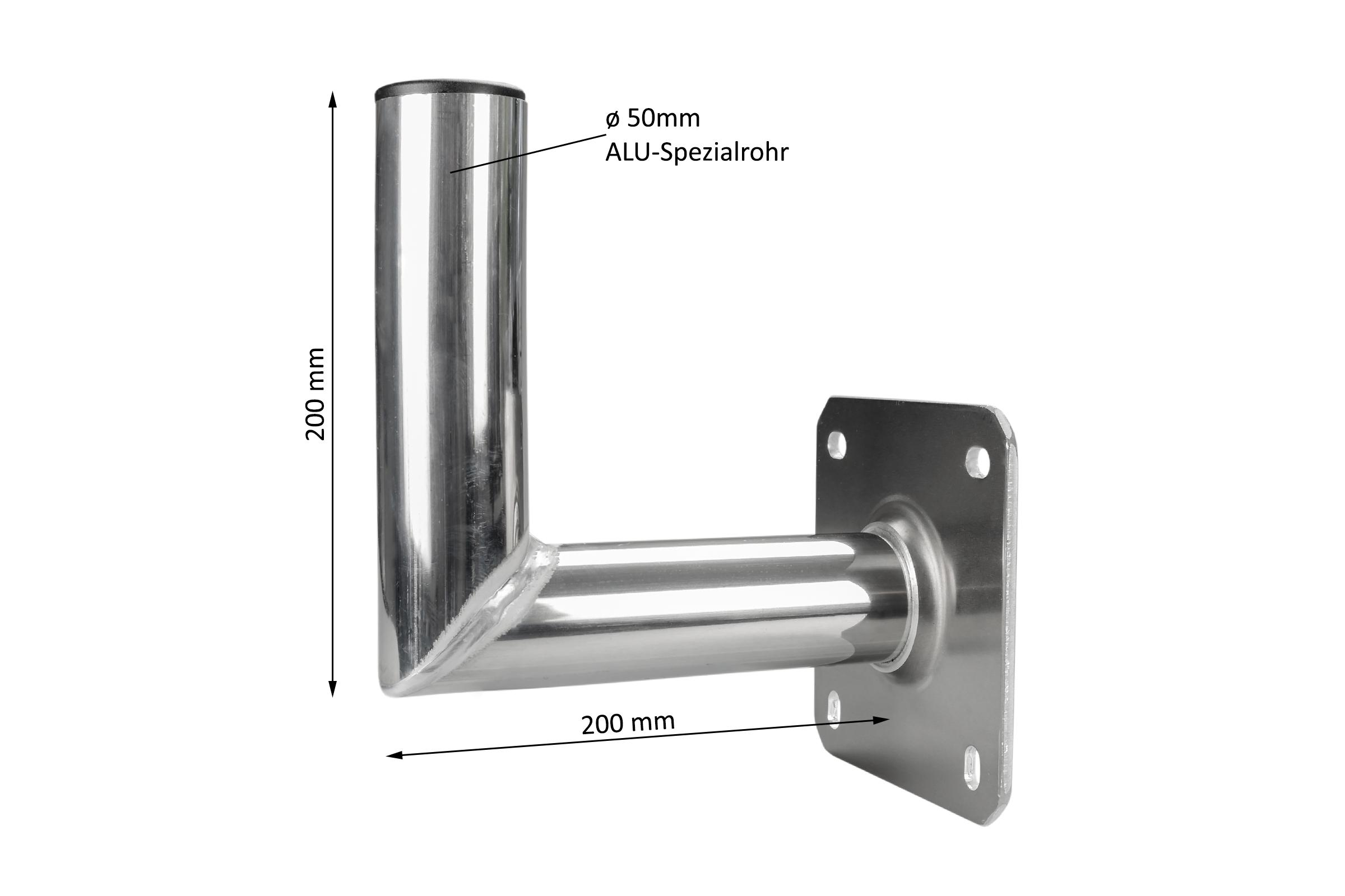 Metall-L-förmige Halterung mit Maßen. Silberne Farbe, weißer Hintergrund.