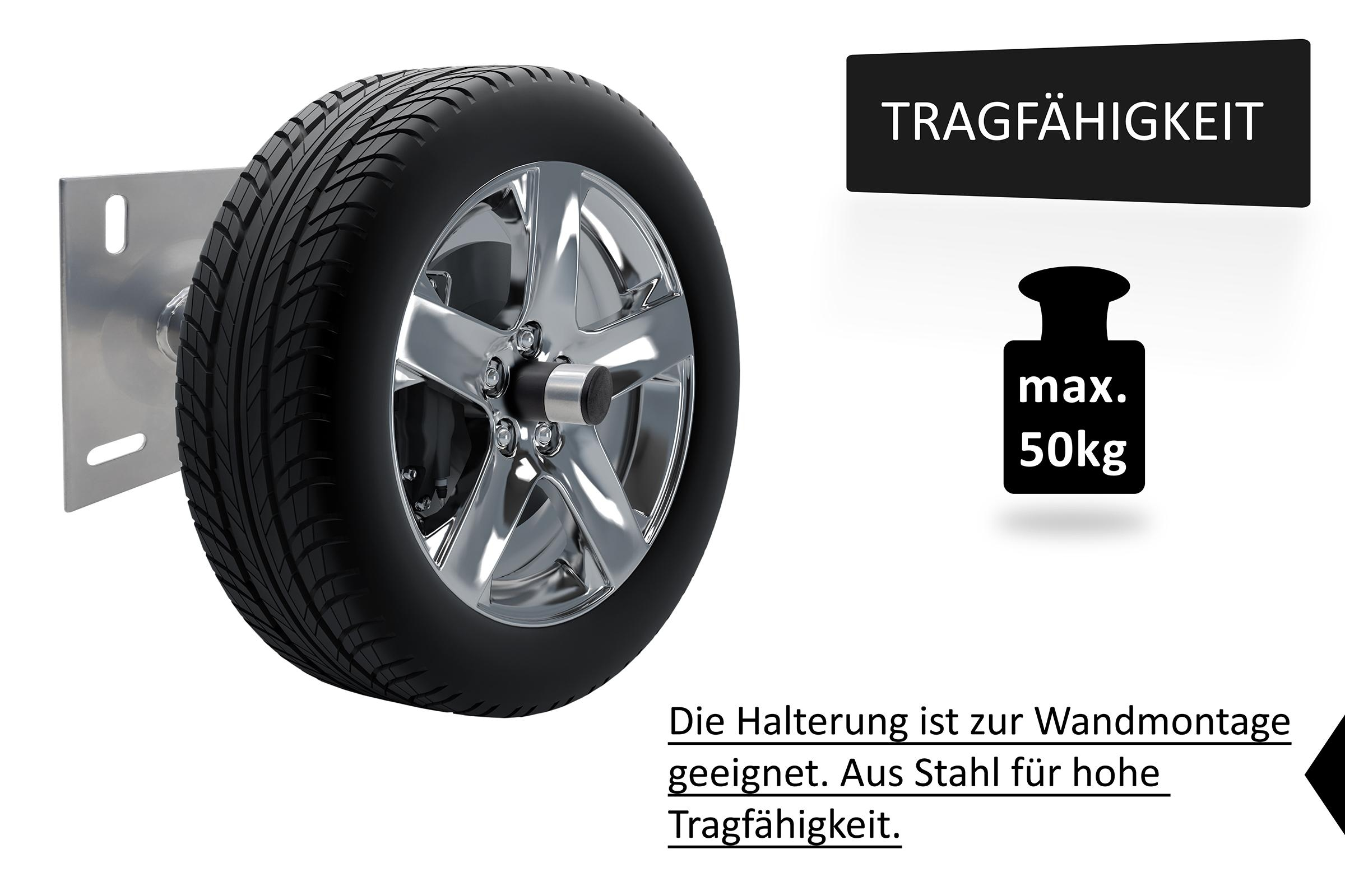 Ein Reifen montiert auf einer silbernen Metallplatte. Text: 'Tragfähigkeit' und 'Max. 50kg'.