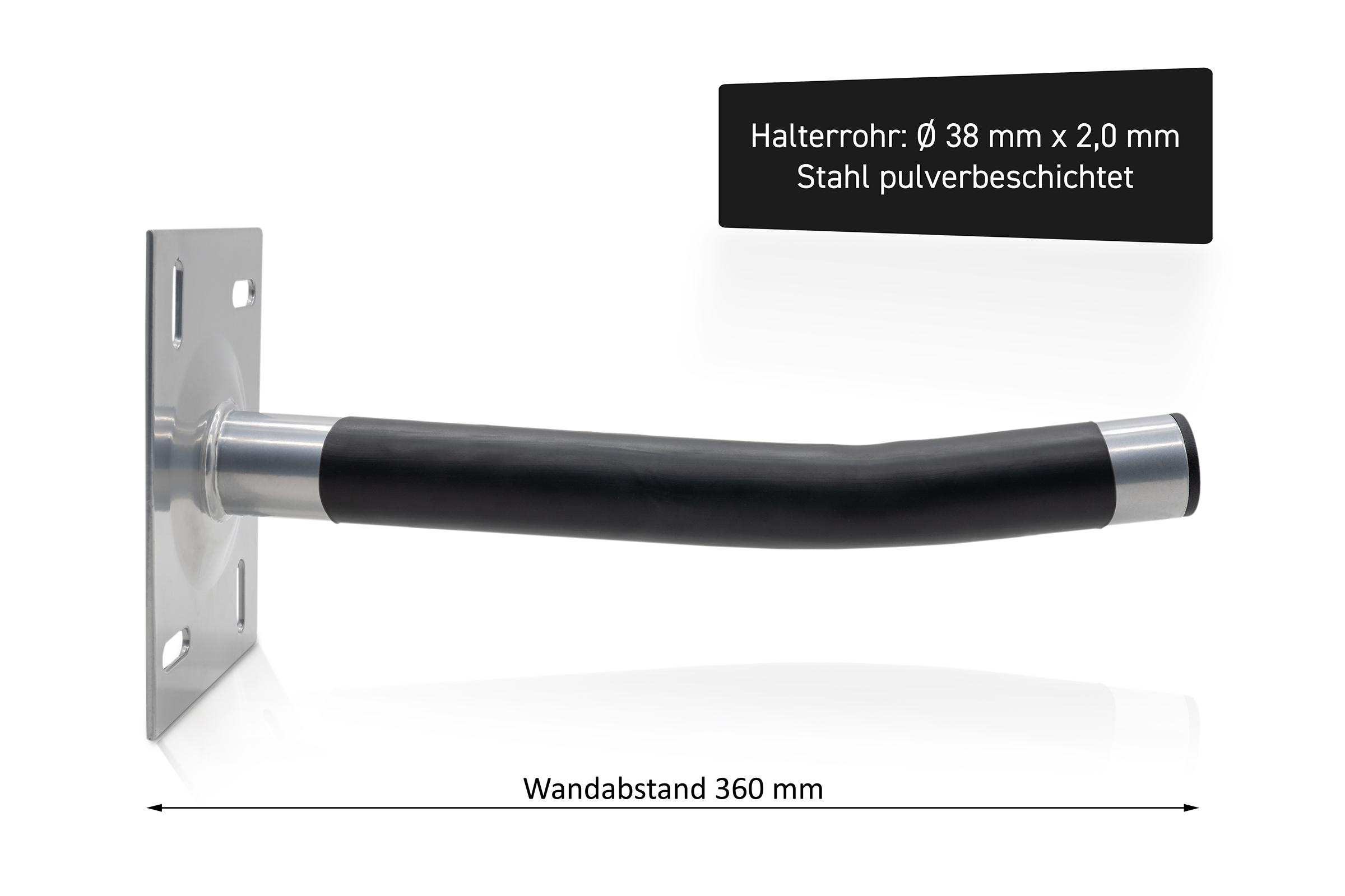 Metall-Wandhalterung mit schwarzem, gebogenem Griff, mit Abmessungen beschriftet. Weißer Hintergrund.