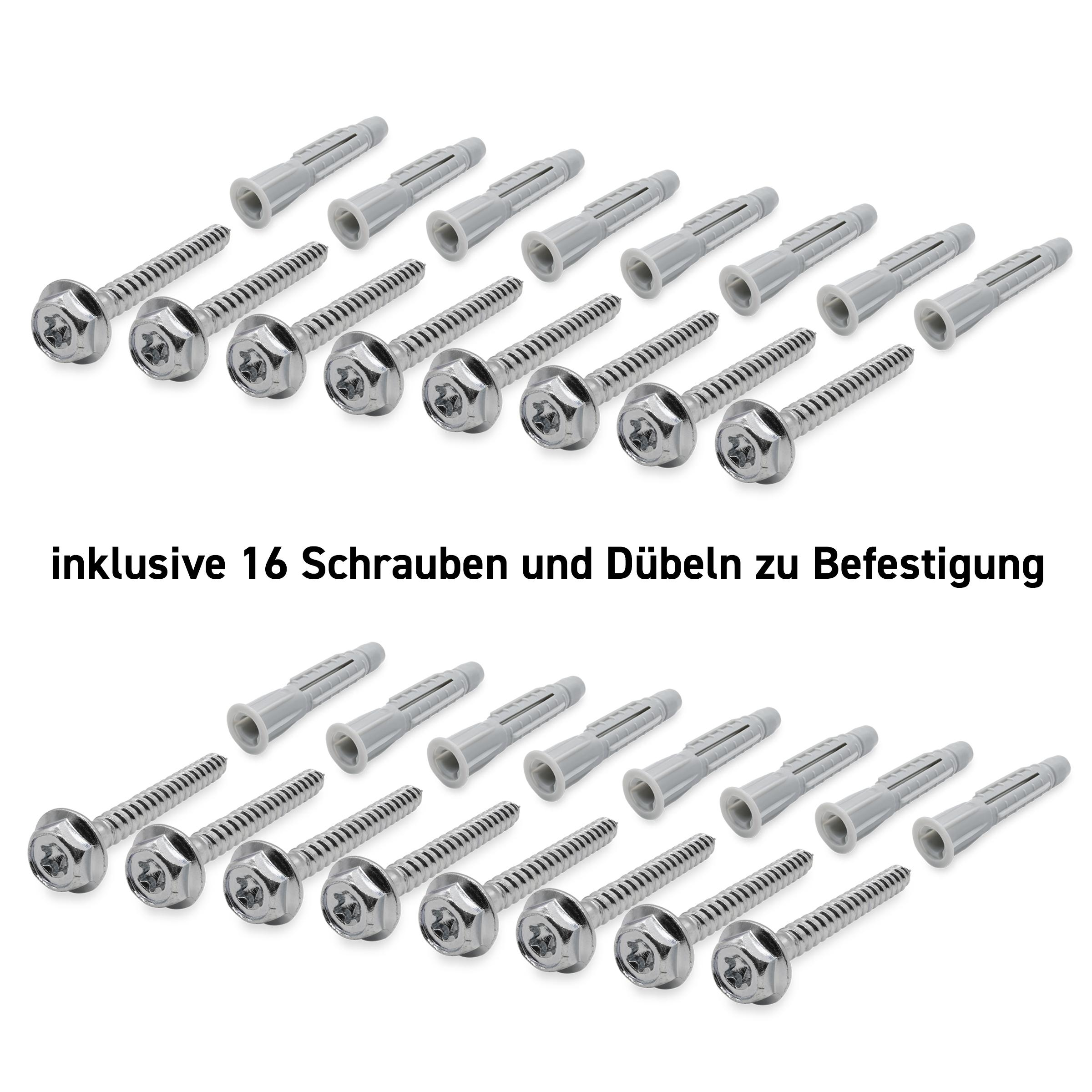 Zwei Reihen Schrauben und graue Kunststoffdübel auf weißem Hintergrund, mit deutschem Text.