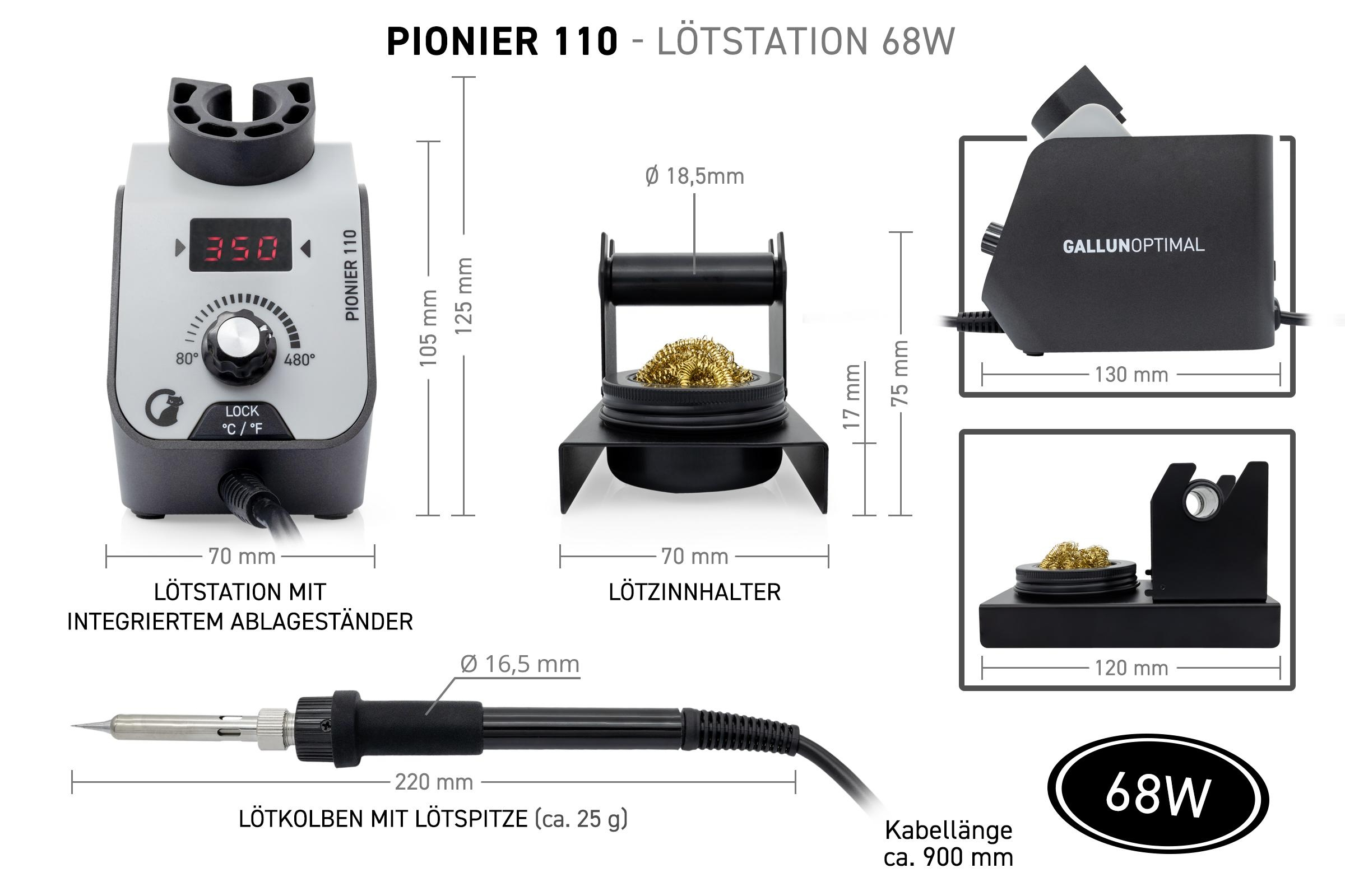 Lötstation Pionier 110 mit detaillierten Abmessungen, Lötkolben und Zubehör.