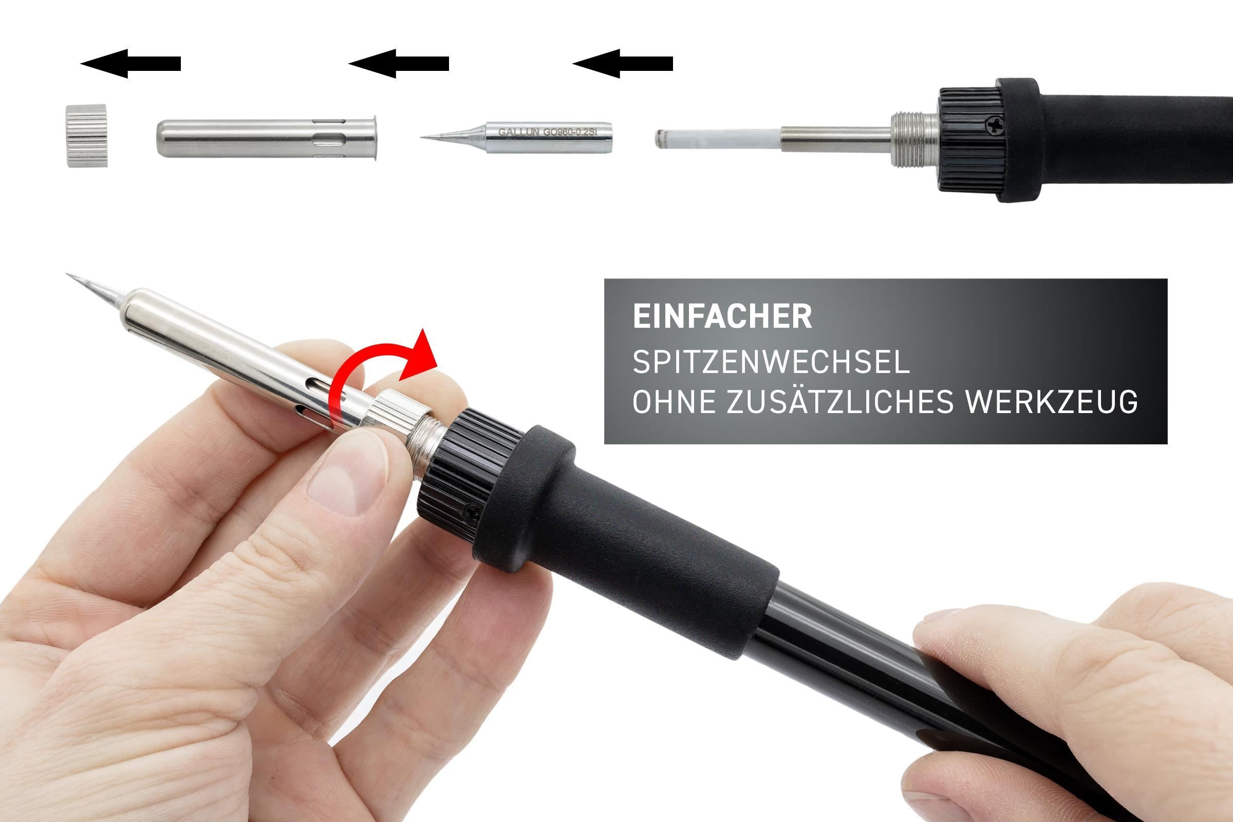 Lötkolben mit austauschbaren Spitzen, zerlegt und montiert, zeigt den einfachen Spitzenwechsel.