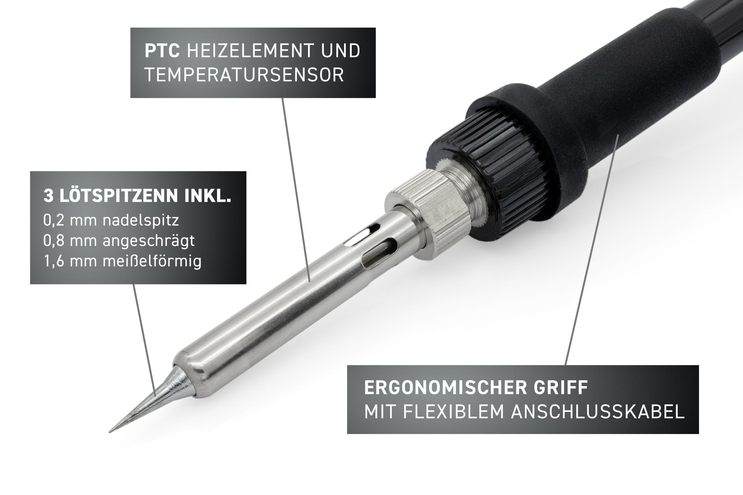 Nahaufnahme eines Lötkolbens mit spitzer Spitze und ergonomischem schwarzen Griff.