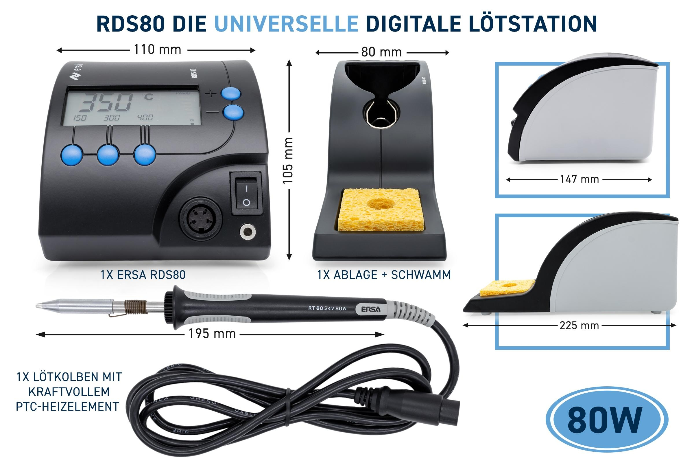 Digitale Lötstation mit Abmessungen und beschrifteten Komponenten.