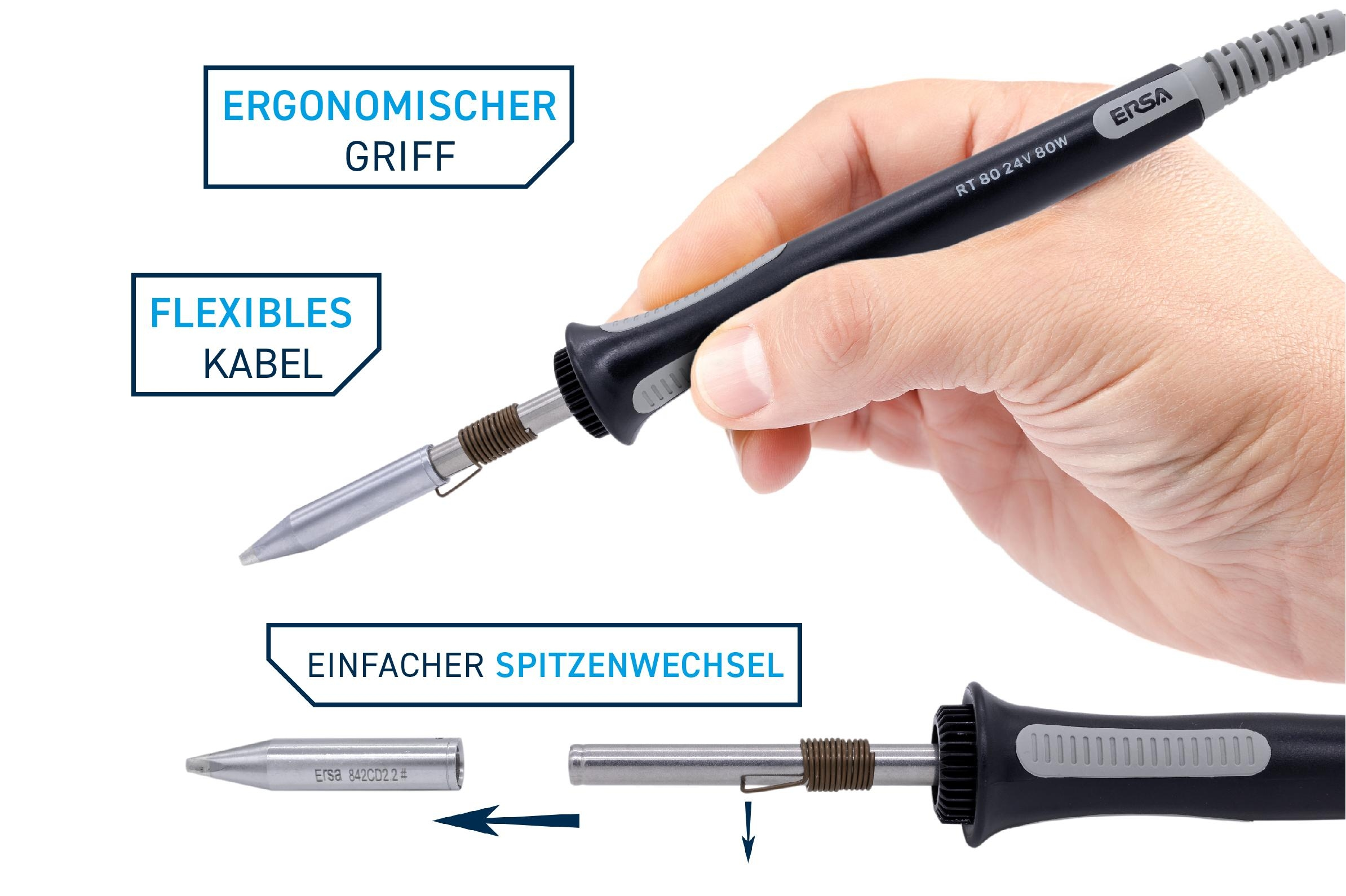 Eine Hand, die einen Ersa-Lötkolben hält, mit Nahaufnahmen der Spitze und des Griffs. Deutscher Text.