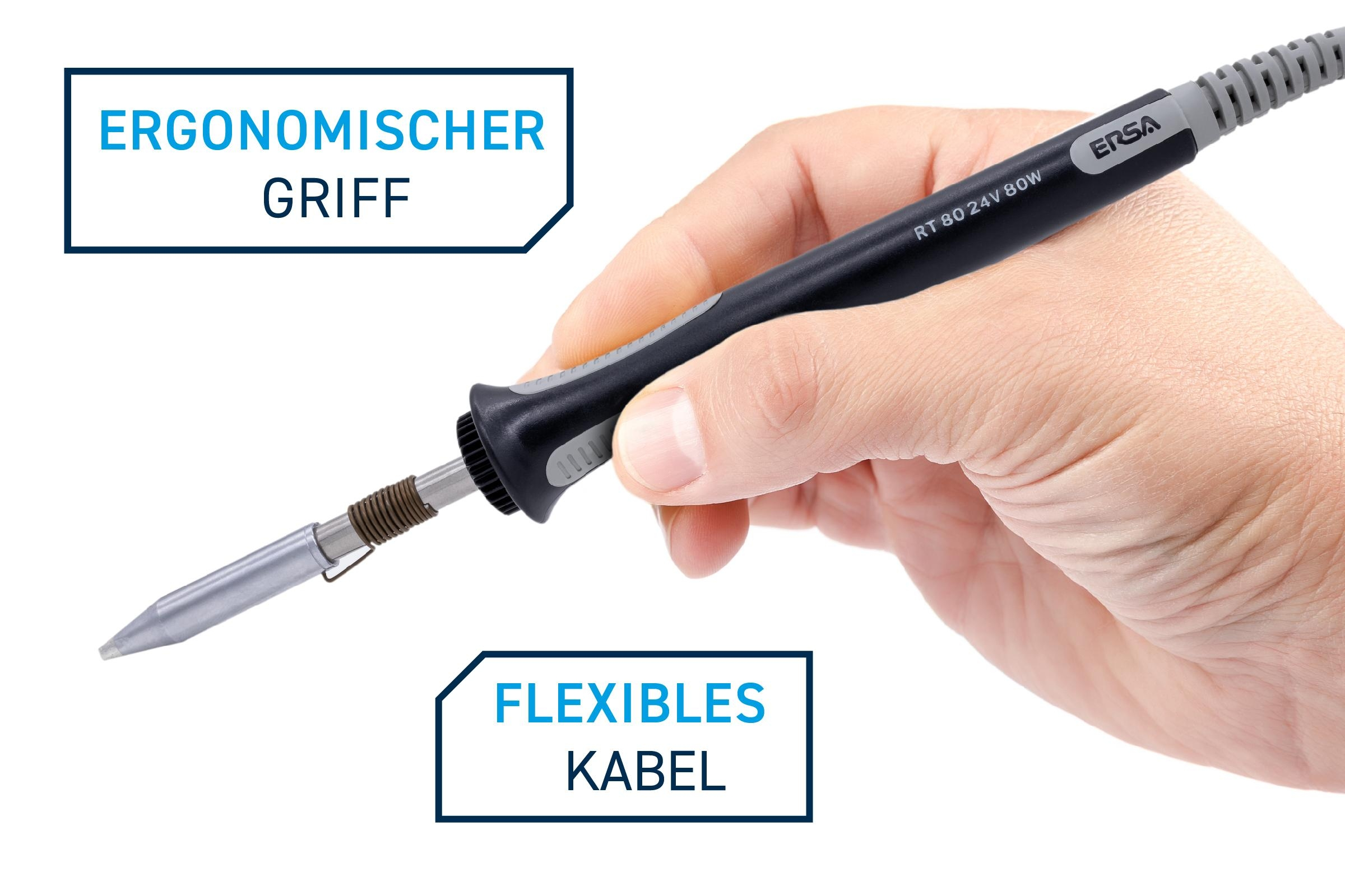 Lötkolben in der Hand gehalten. Ergonomischer Griff und flexibles Kabel.