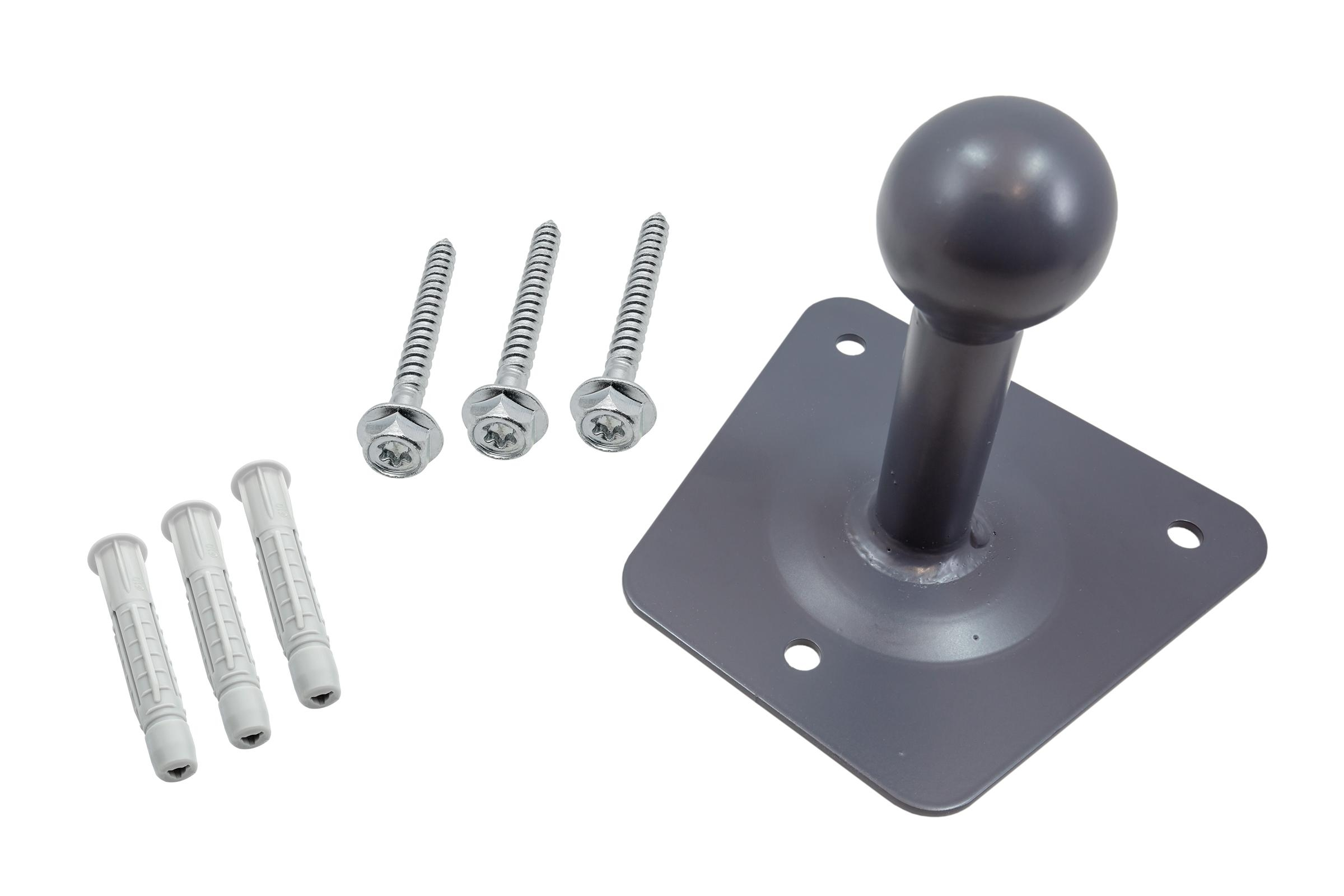 Metallhalterung mit Kugelspitze, drei Schrauben und drei weißen Kunststoffankern.