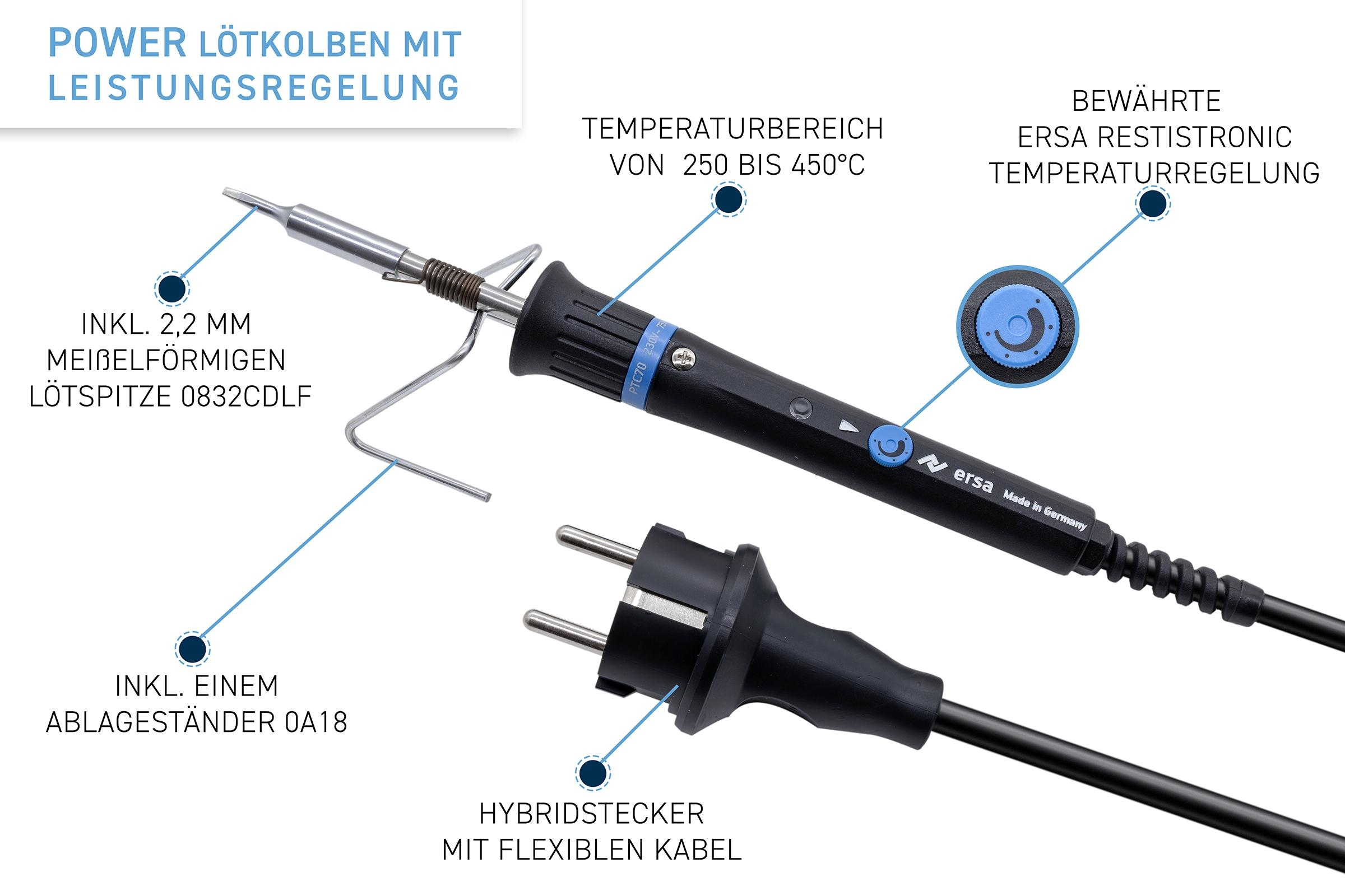 Ein Lötkolben mit Textbeschriftungen, Draht und Stecker, mit Temperaturregelung.