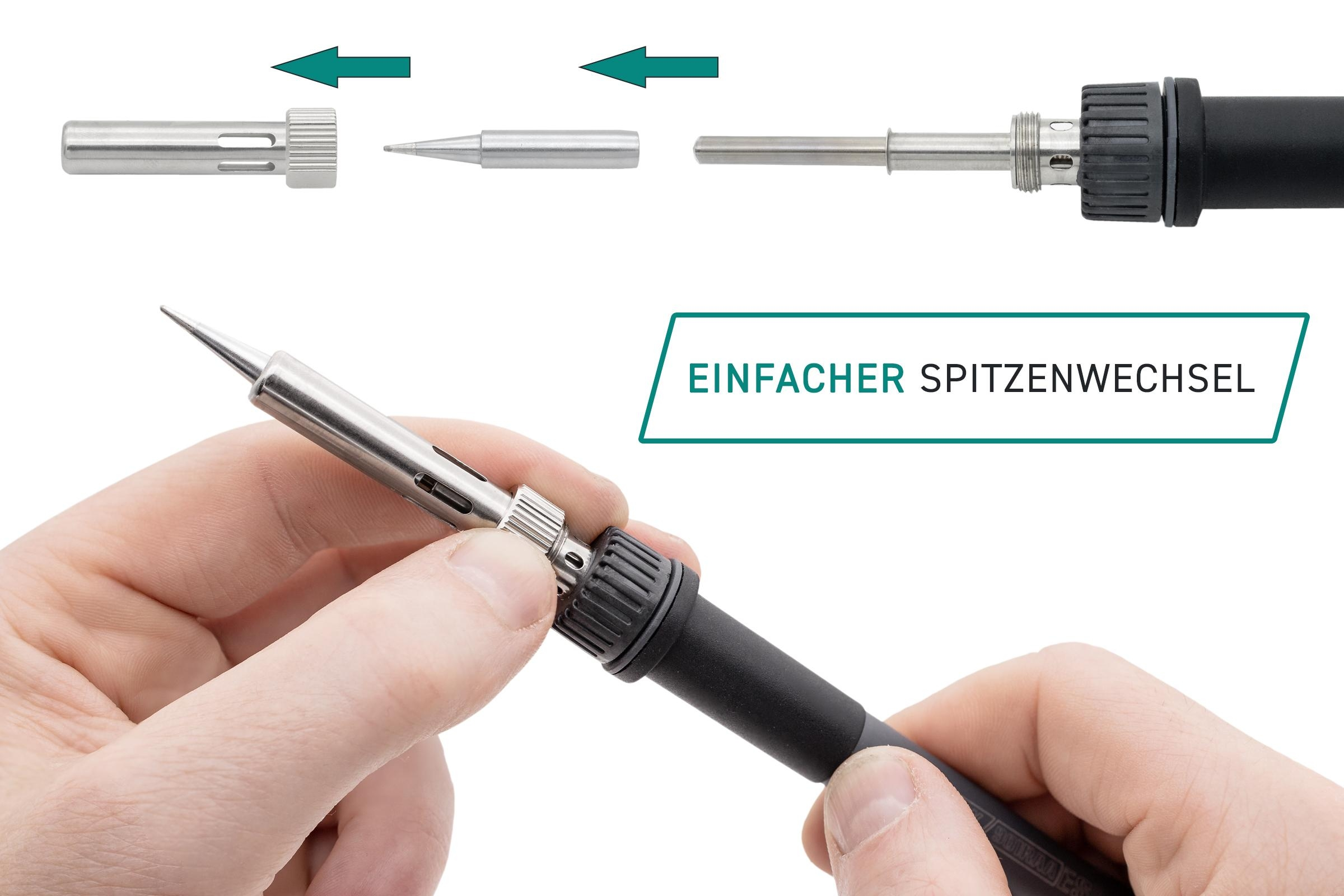 Eine Person wechselt die Spitze eines Lötkolbens. Text: Einfacher Spitzenwechsel.
