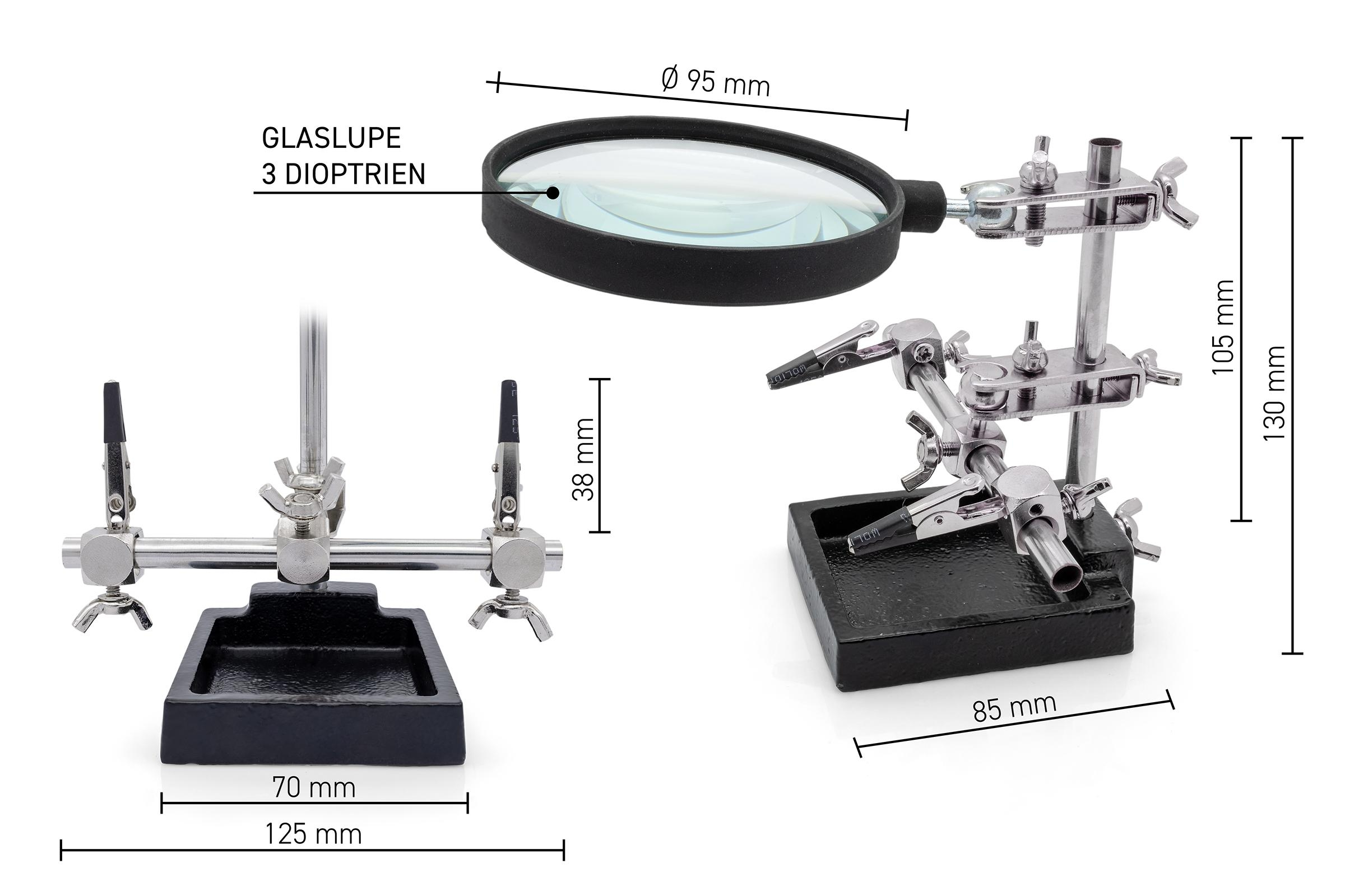 Lupe mit Ständer, Klemmen und Maßen, auf weißem Hintergrund. Schwarze Basis und Details.
