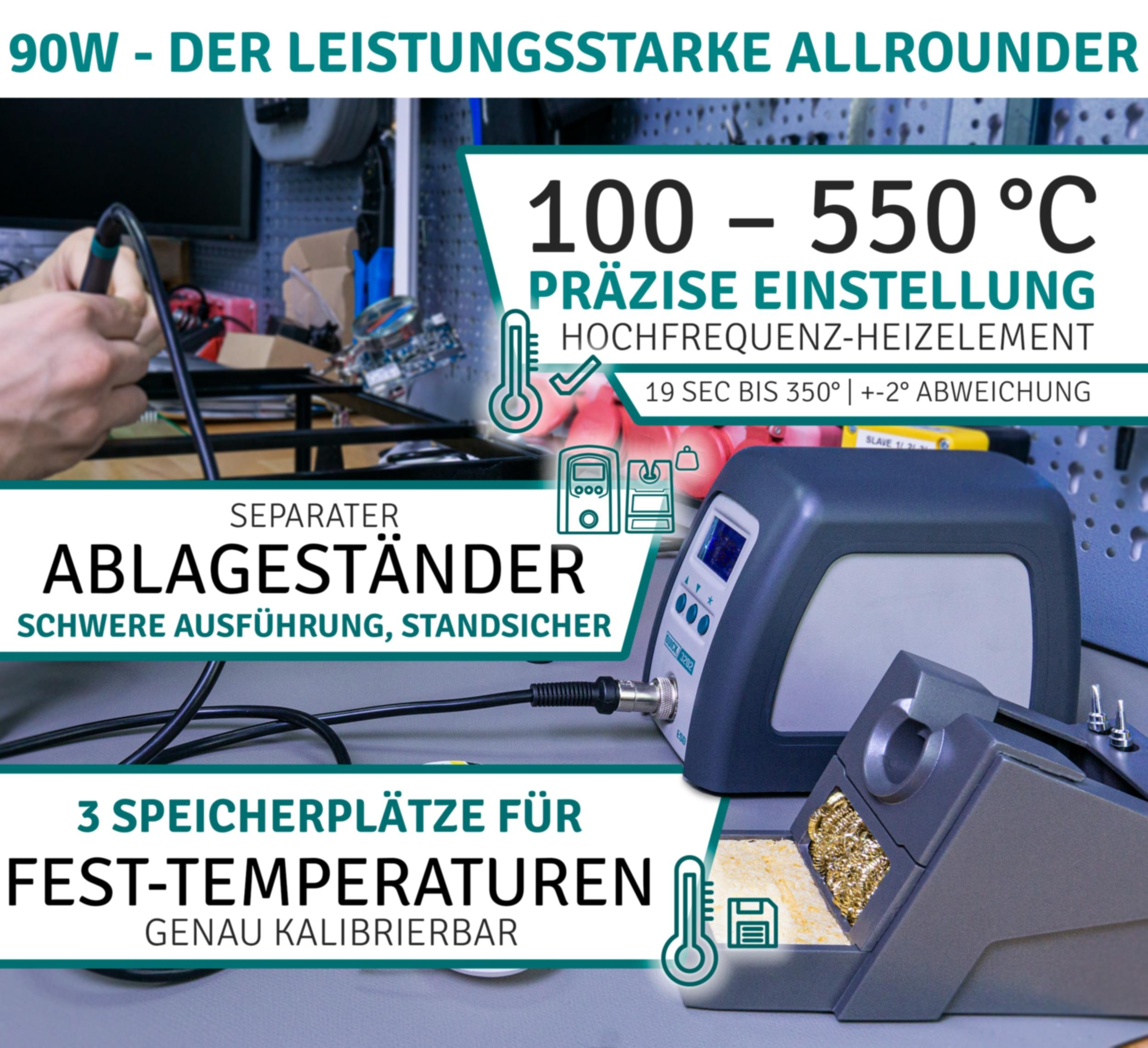 Eine Lötstation mit Temperatureinstellungen und Anzeige, mit Text, der ihre Funktionen beschreibt.