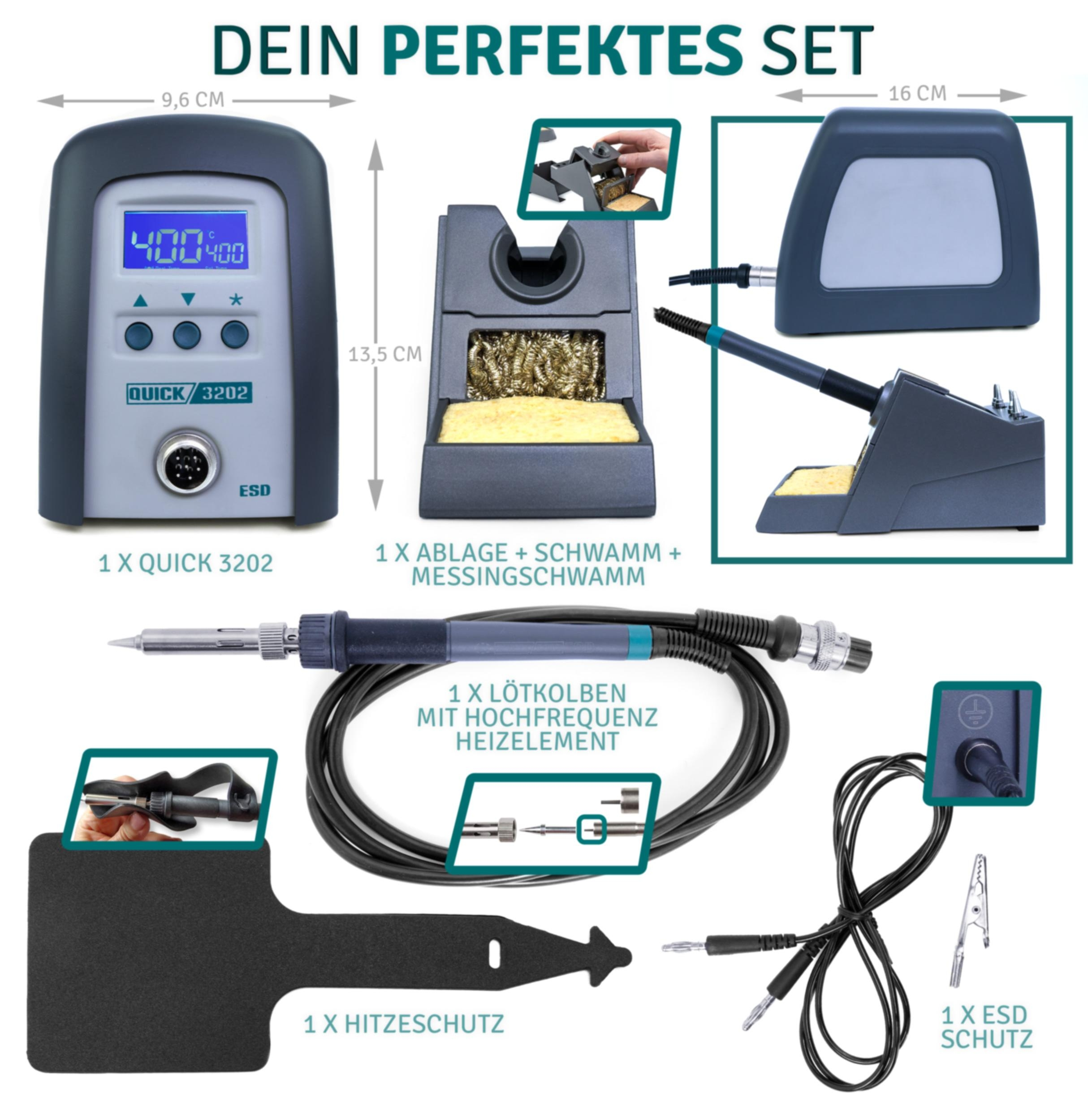 Set von Lötkolbenwerkzeugen, einschließlich Lötstation, Eisen, Schwamm und Hitzeschild.