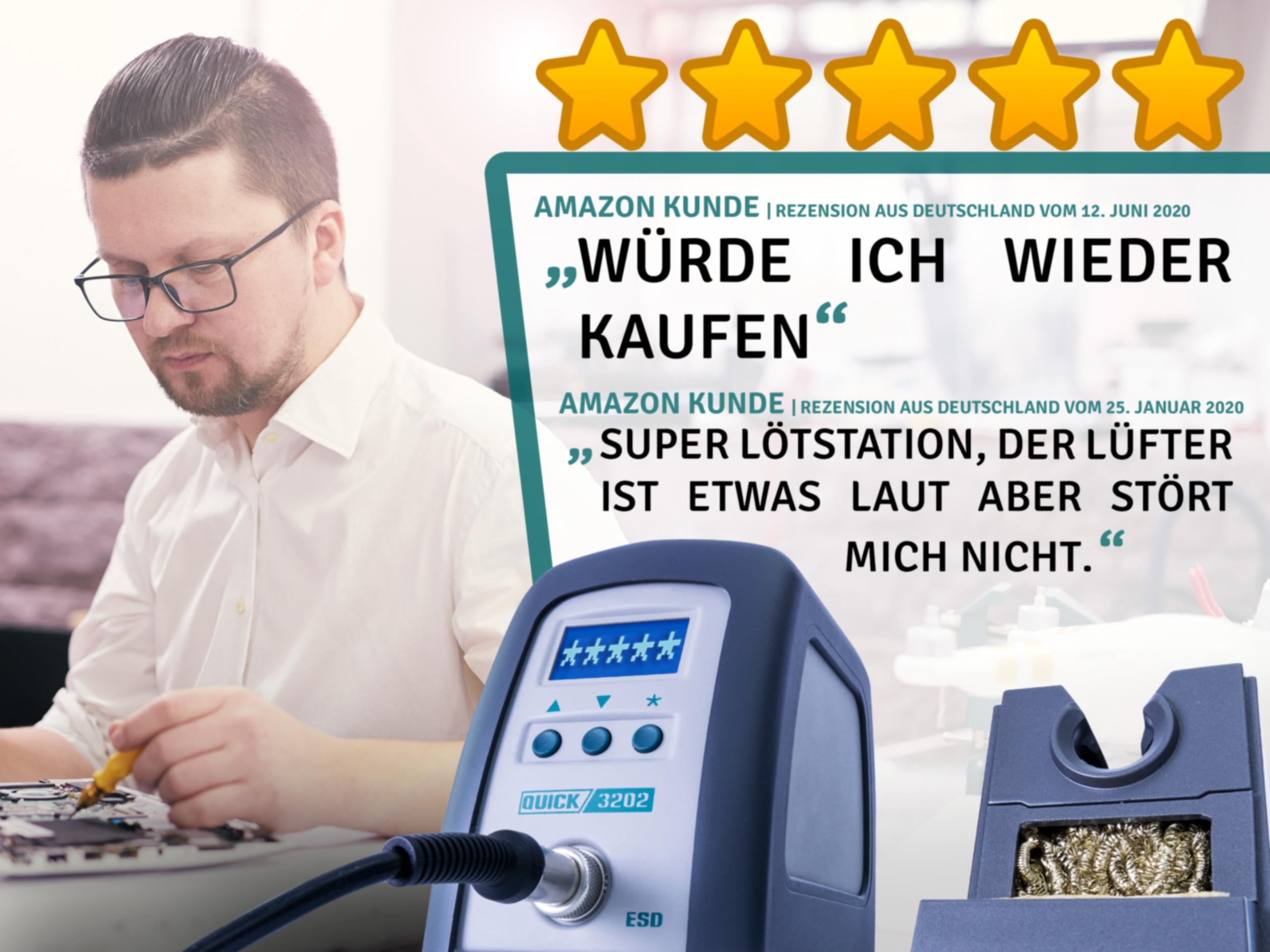 Mann lötet mit einer Lötstation, Bewertungen auf einer grünen Tafel mit Sternen.