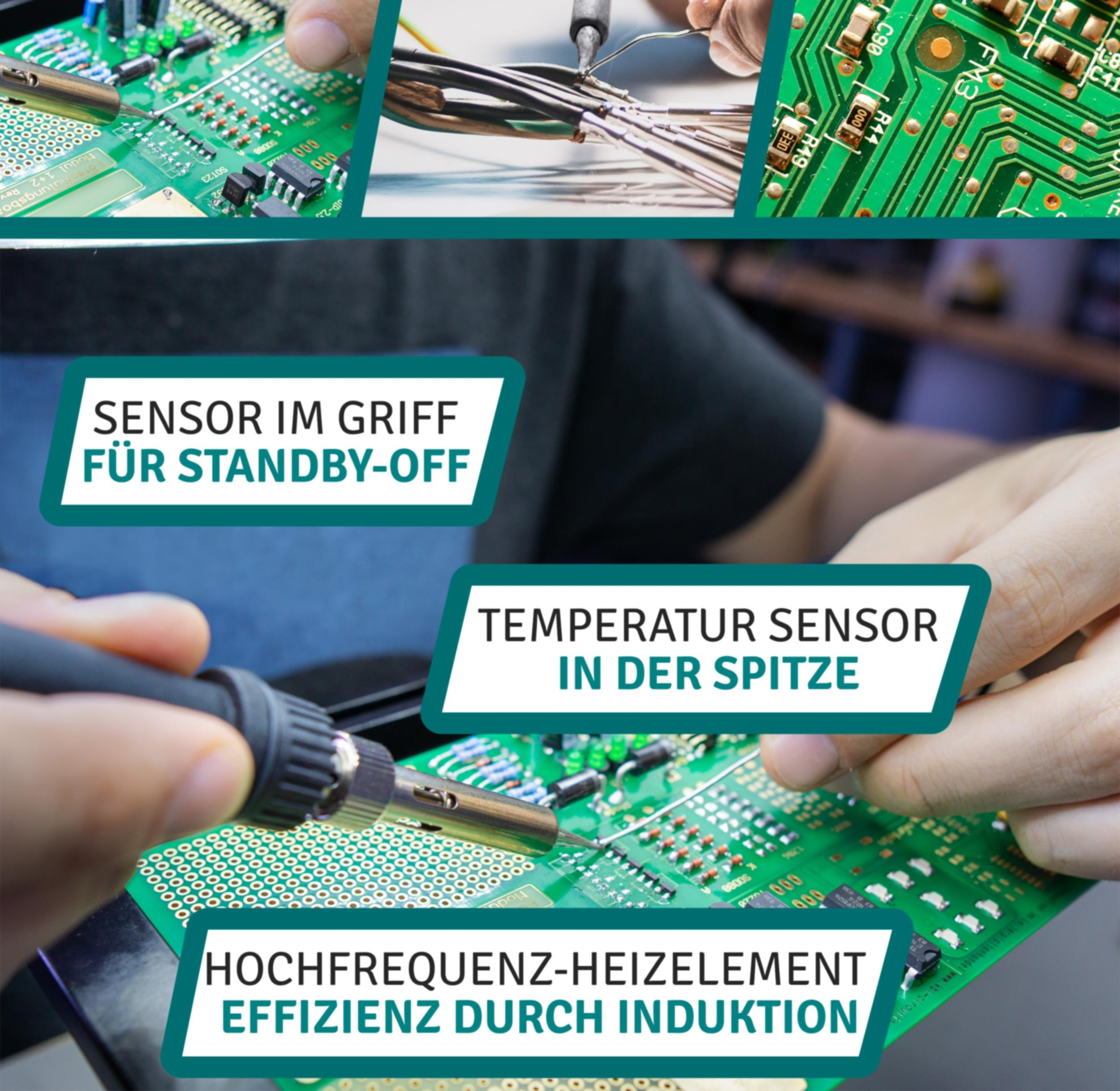 Nahaufnahme einer Person, die eine Leiterplatte lötet. Zeigt Sensor und Hochfrequenzheizung.