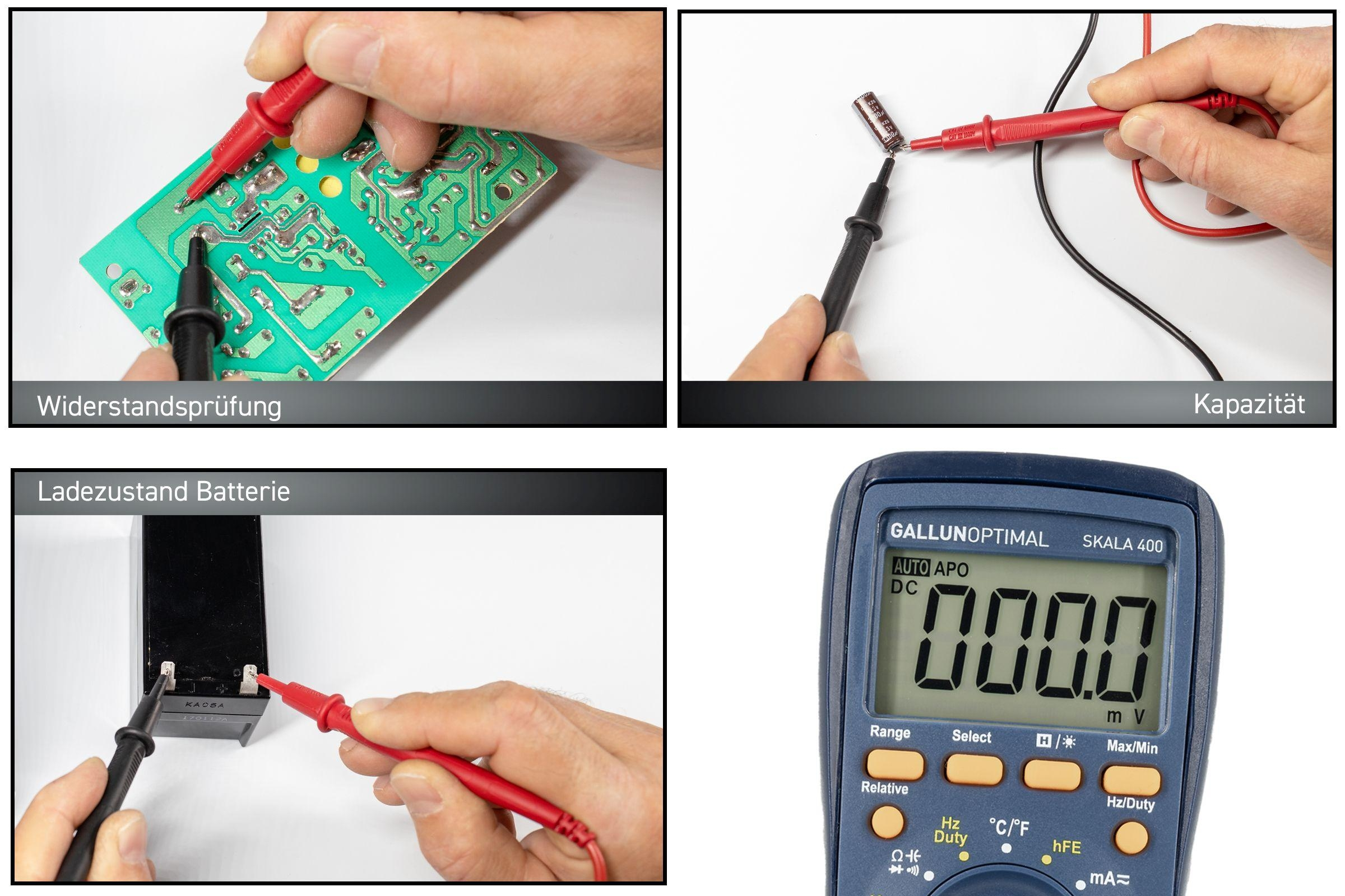 Vier Bilder, die eine Leiterplatte mit Multimetern testen. Hände, Multimeter und die Leiterplatte sind vorhanden. Weißer Hintergrund.