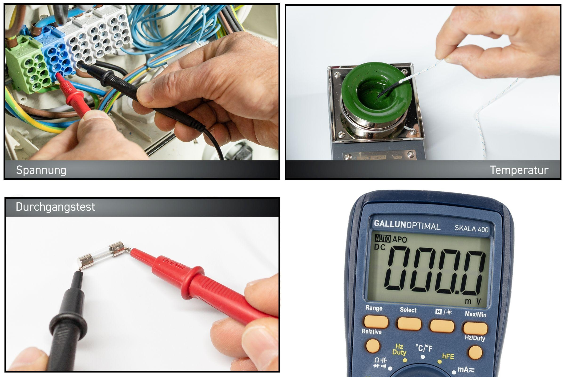 Elektrische Testwerkzeuge im Einsatz. Drähte, eine Sicherung und ein digitales Multimeter, das Spannungen anzeigt.