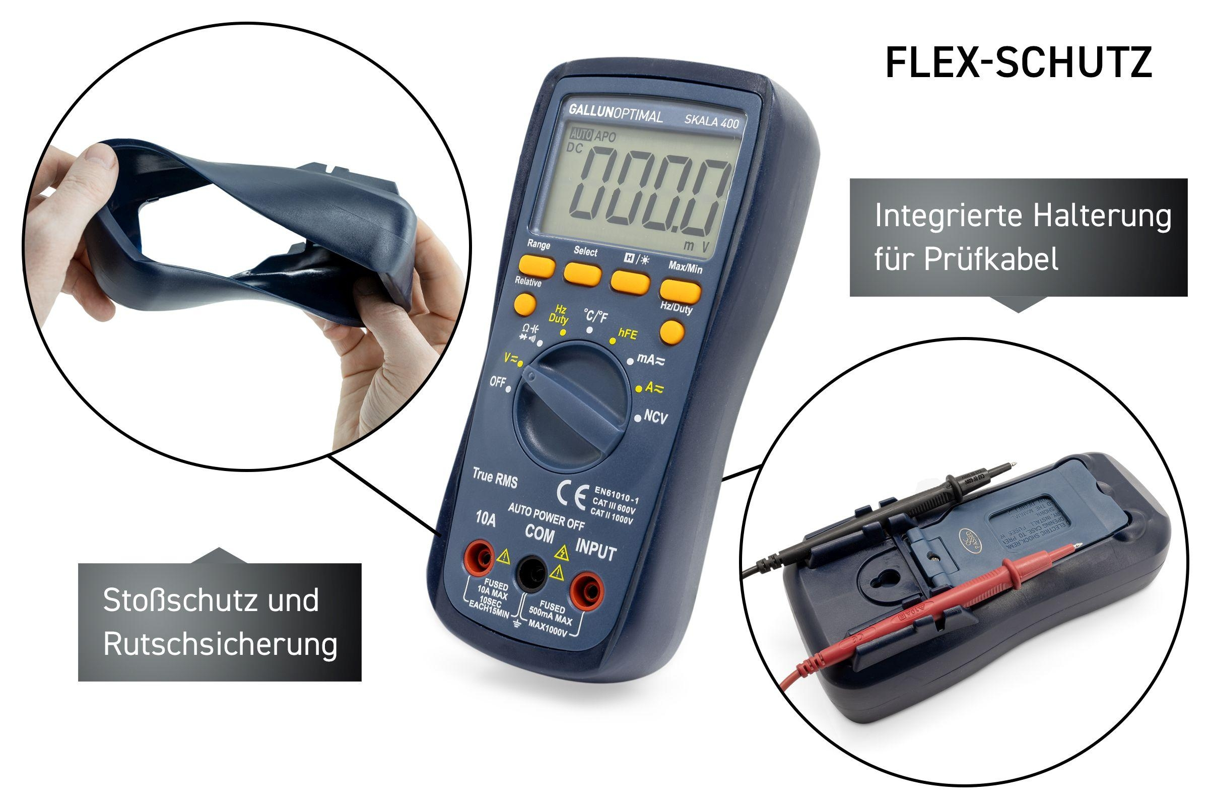 Multimeter mit Zubehör. Eine Hand biegt eine blaue, flexible Schutzhülle.